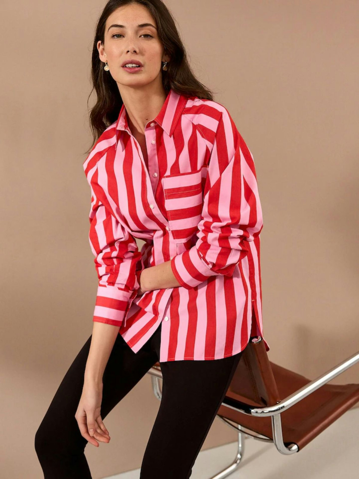 RedPink Stripe Girlfriend Oversized Long Sleeve 100% Cotton Shirt