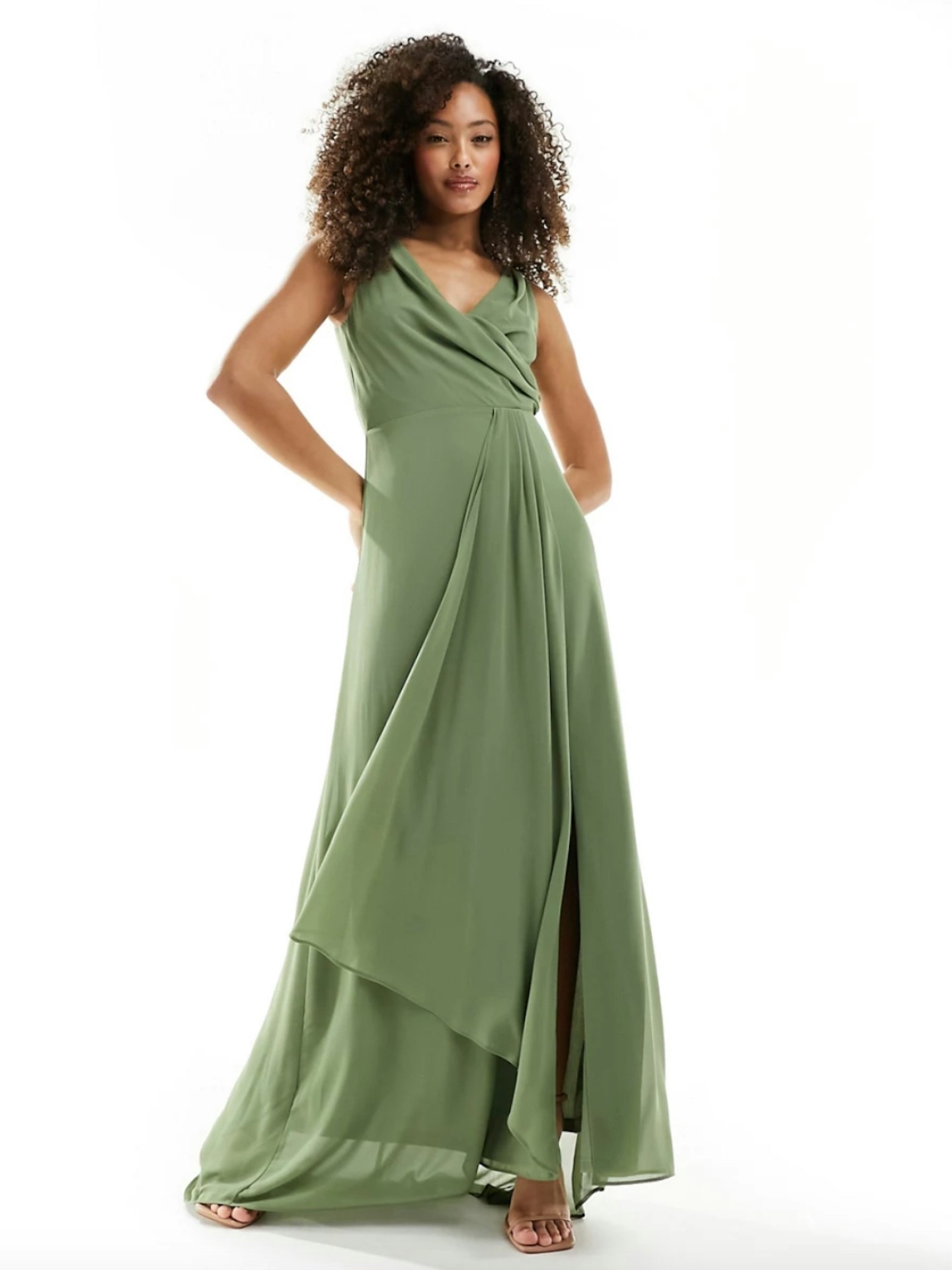 TFNC Bridesmaid Chiffon Maxi Dress with Split Front in Dark Green