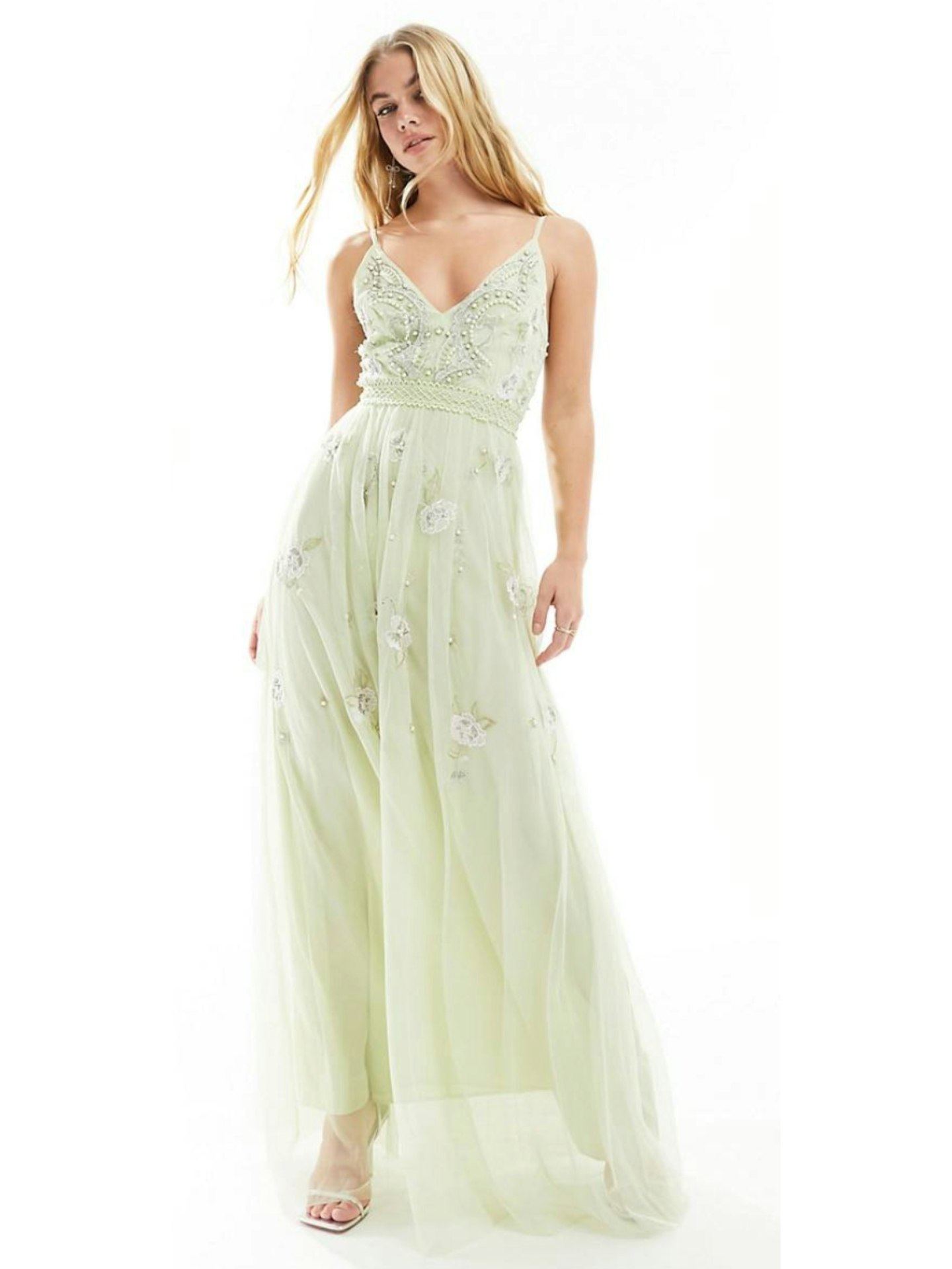 ASOS Design Bridesmaid Pearl Embellished Cami Maxi Dress With Floral Embroidery in Sage