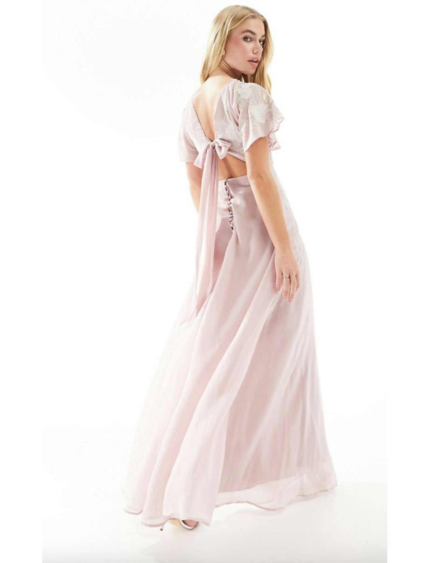 ASOS Design Bridesmaid Angel Sleeve Maxi Dress With Floral Applique in Rosengel Sleeve Maxi Dress