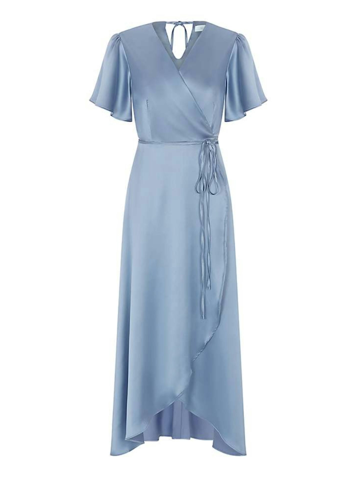 John Lewis Rewritten Florence Waterfall Hem Satin Wrap Dress, Sky Blue