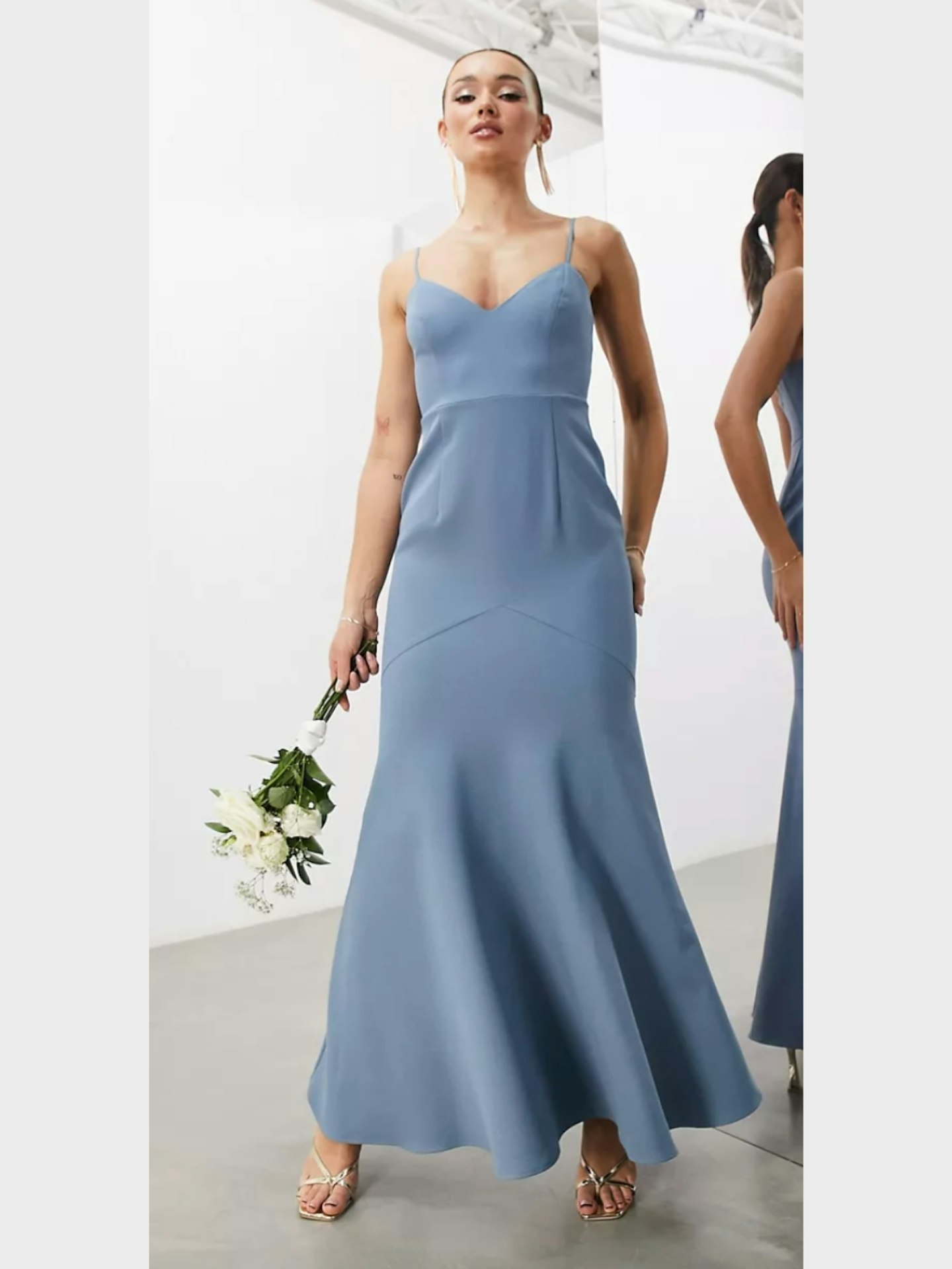 ASOS DESIGN Bridesmaid Crepe Strappy Fishtail Maxi Dress in Dusky Blue