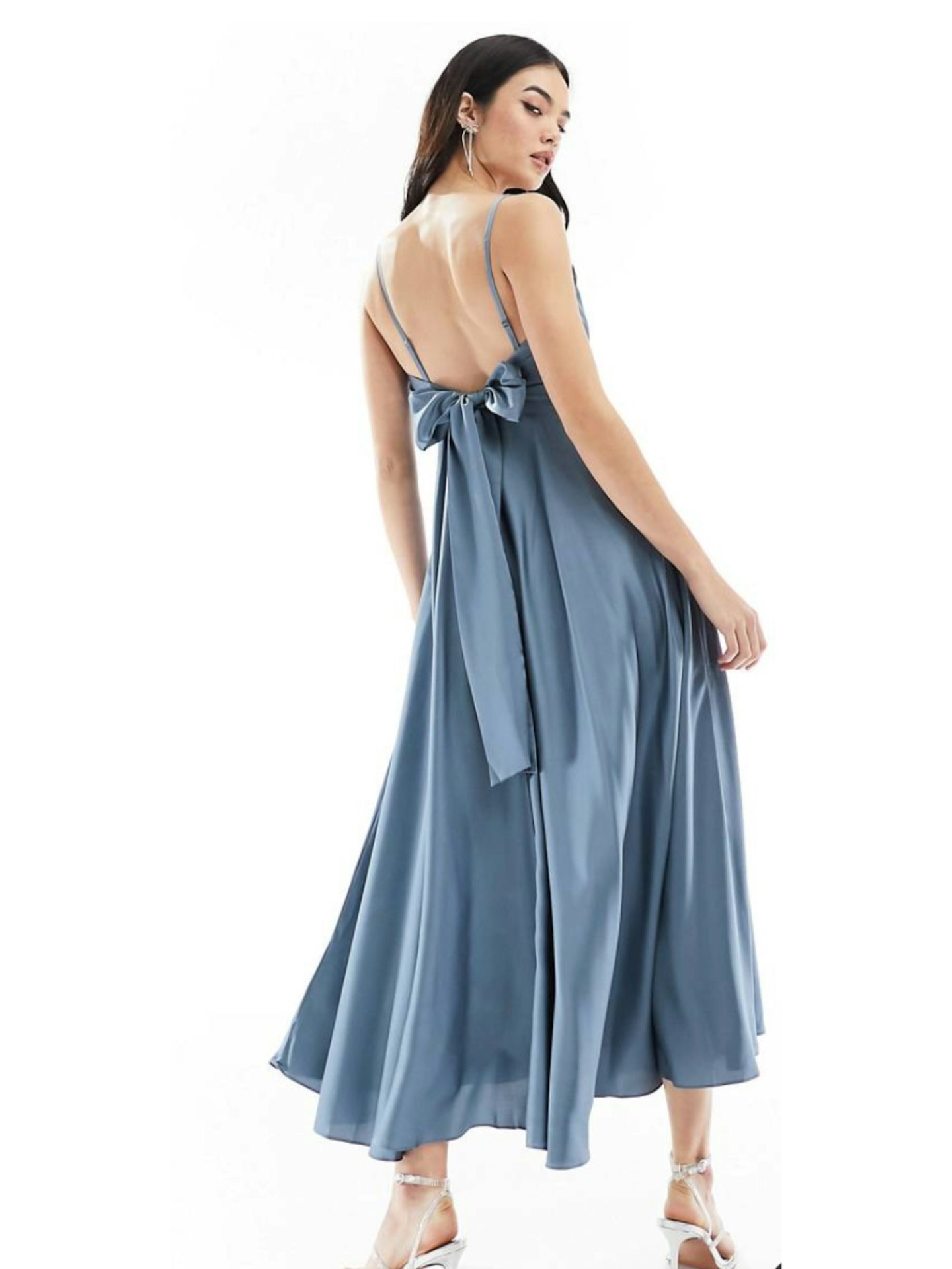 ASOS DESIGN Satin Midi Dress with Tie Back in Dusky Blue