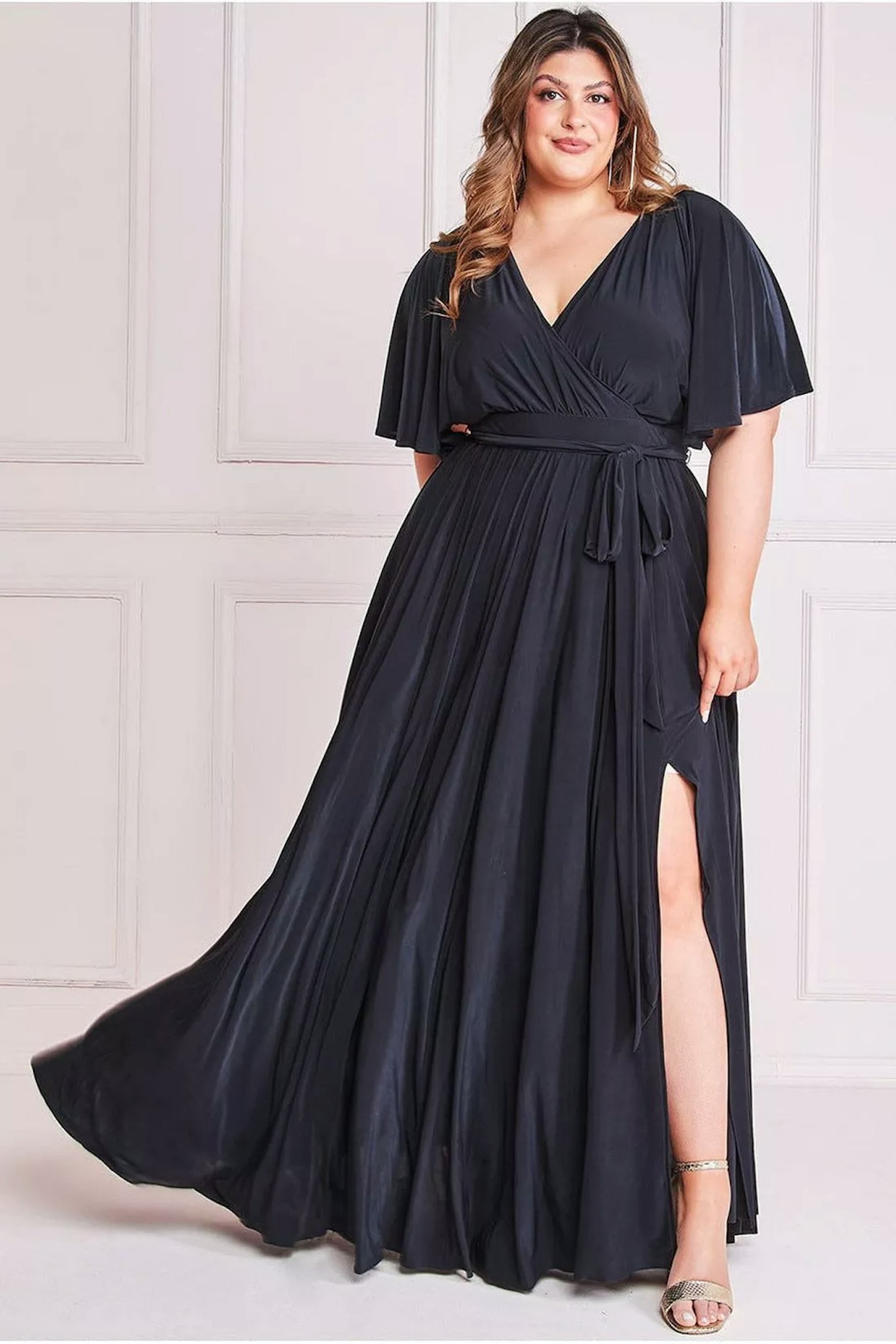 Goddiva Plus Wrap Front Maxi With Flutter Sleeves