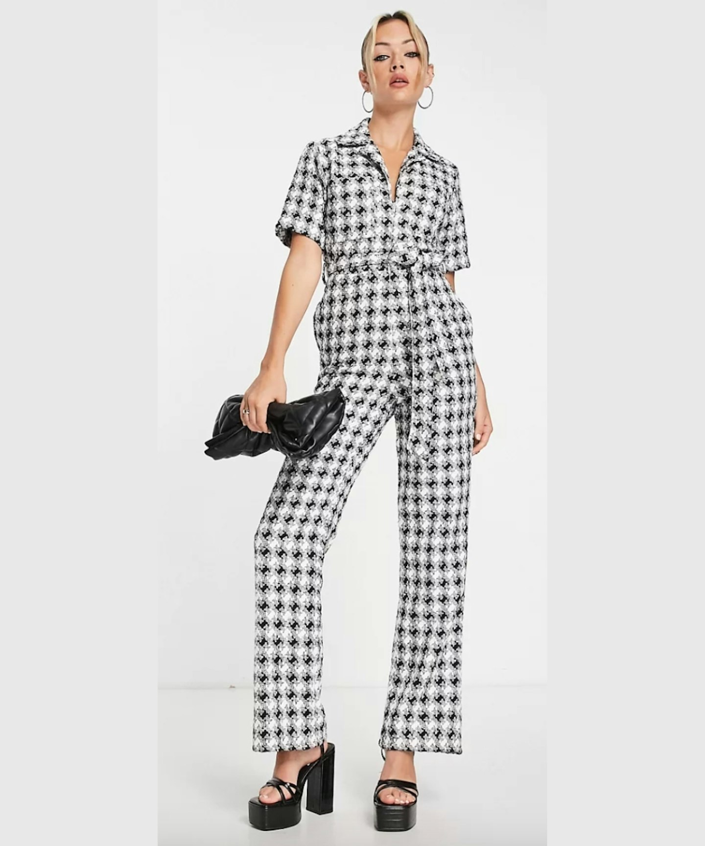 ASOS DESIGN Boucle Zip Front Tailored Collar Jumpsuit in Mono Check