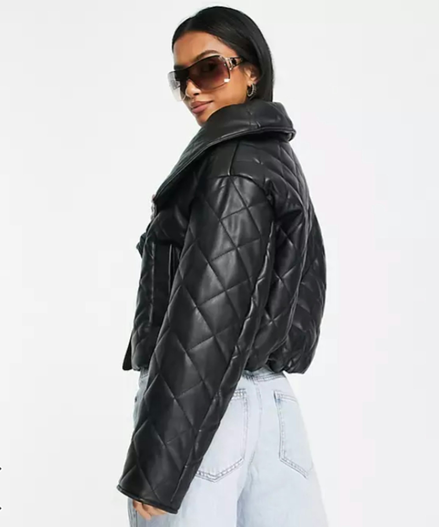 ASOS DESIGN Petite Quilted Faux Leather Jacket in Black
