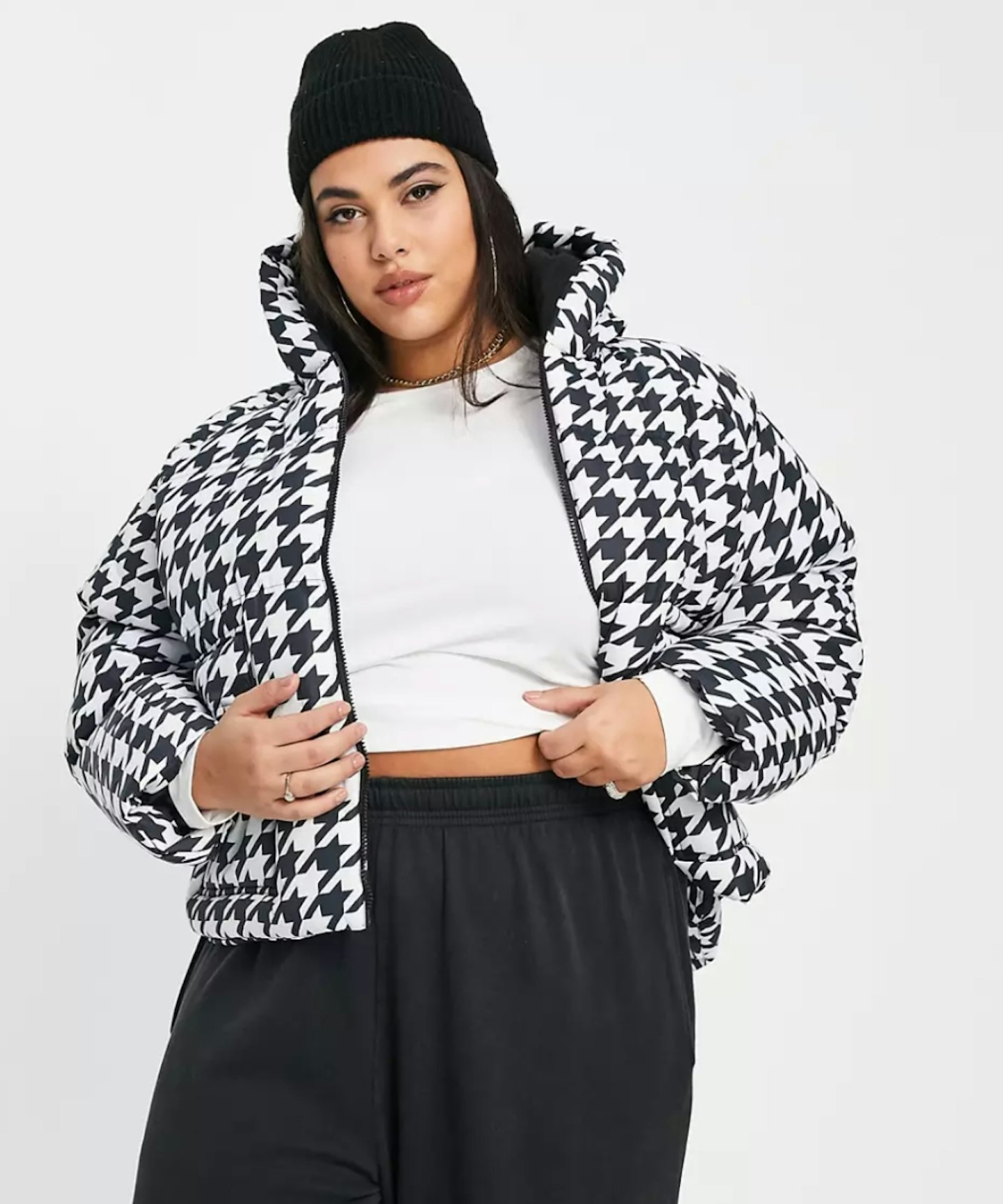 ASOS Threadbare Plus Ski Puffer Jacket in Houndstooth