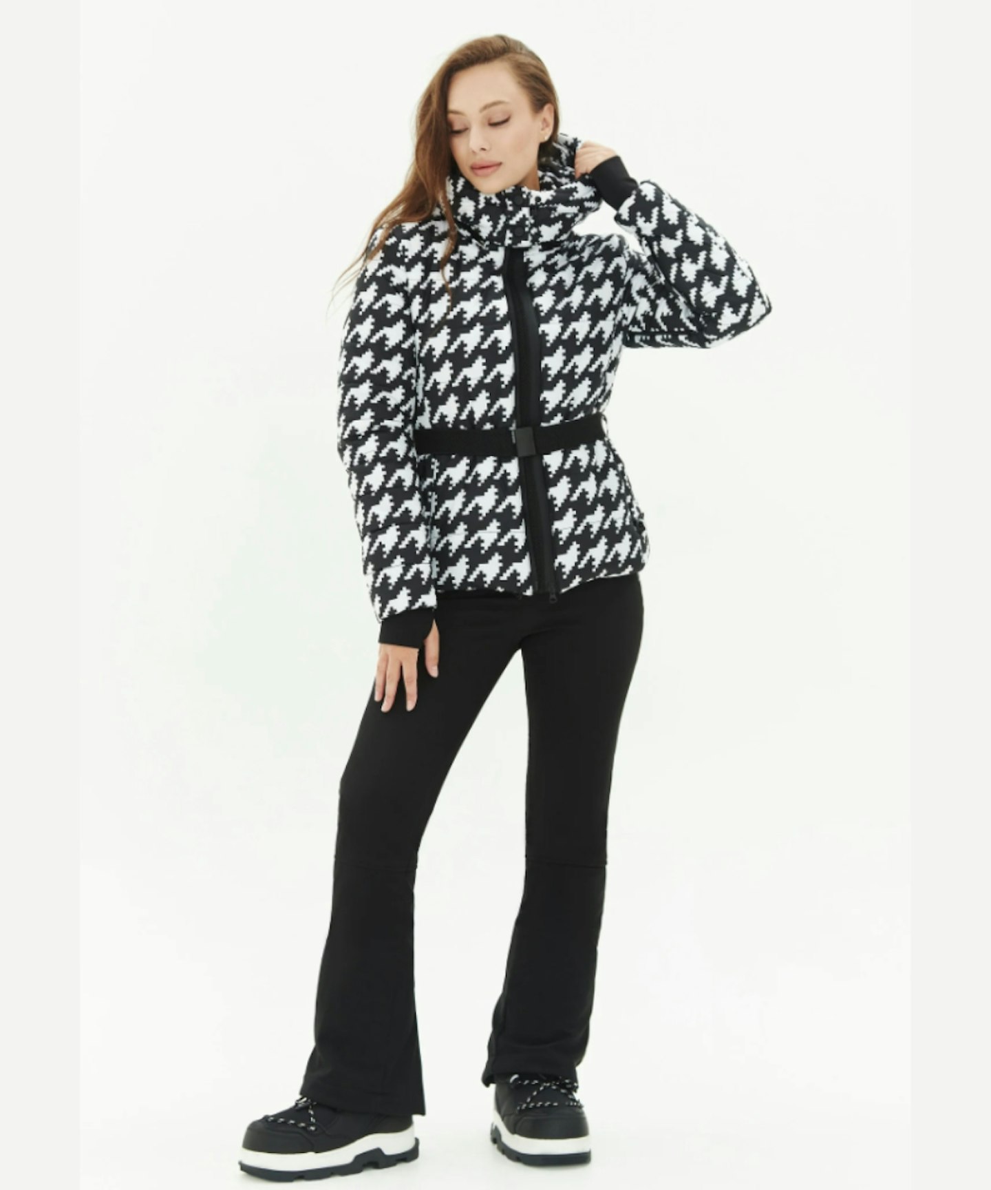 Houndstooth Print Jacket and Black Pants Ski Suit