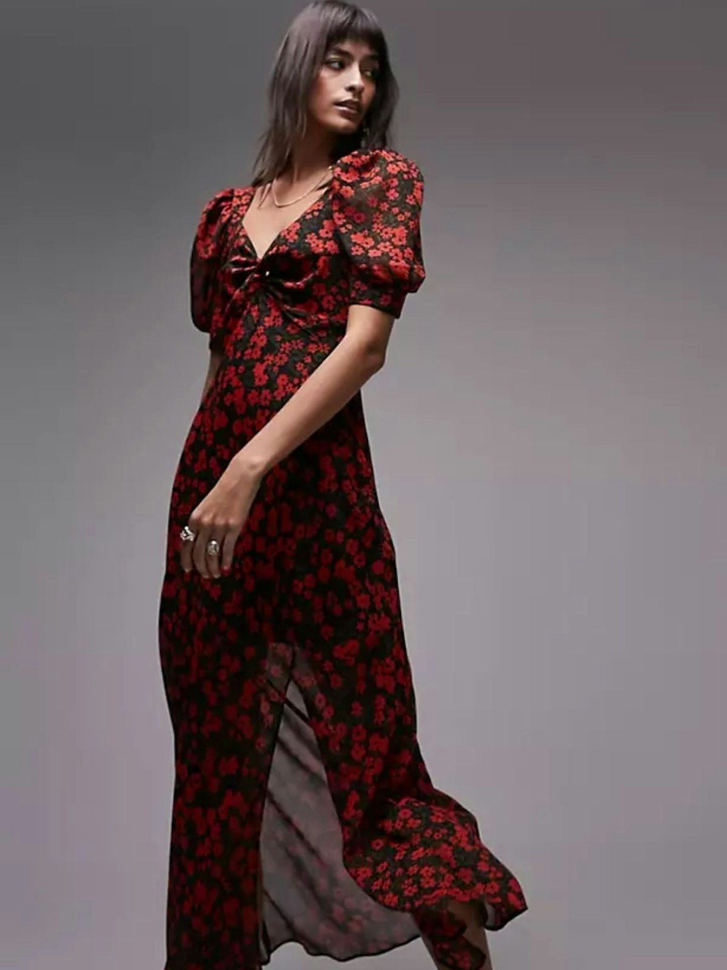 Topshop puff sleeve bias maxi dress in red print