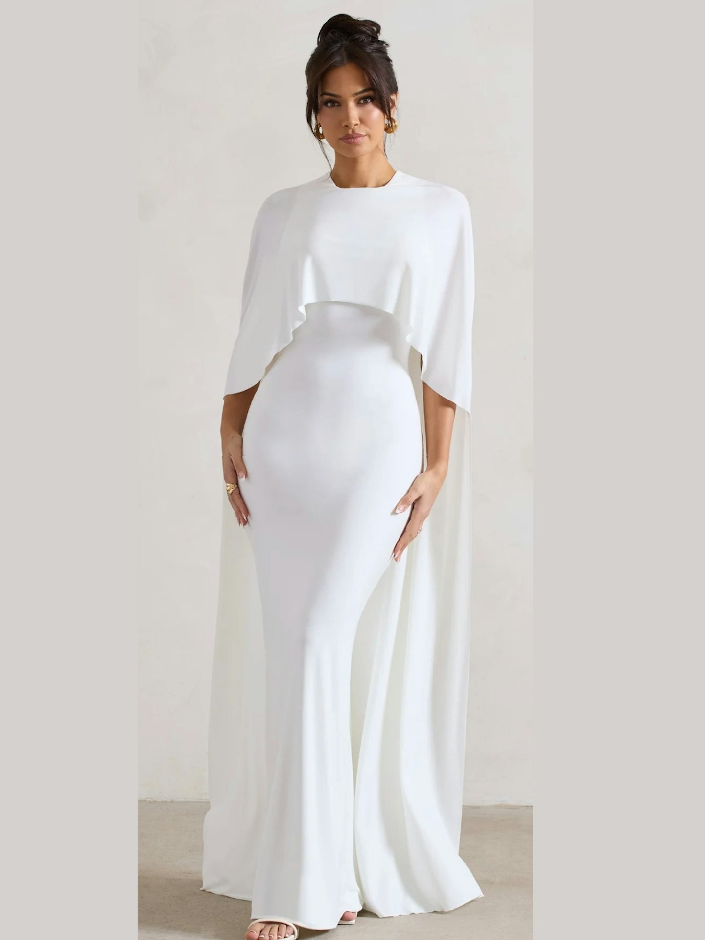 Club L London Padma White Draped Bardot Maxi Dress With Cape Sleeves