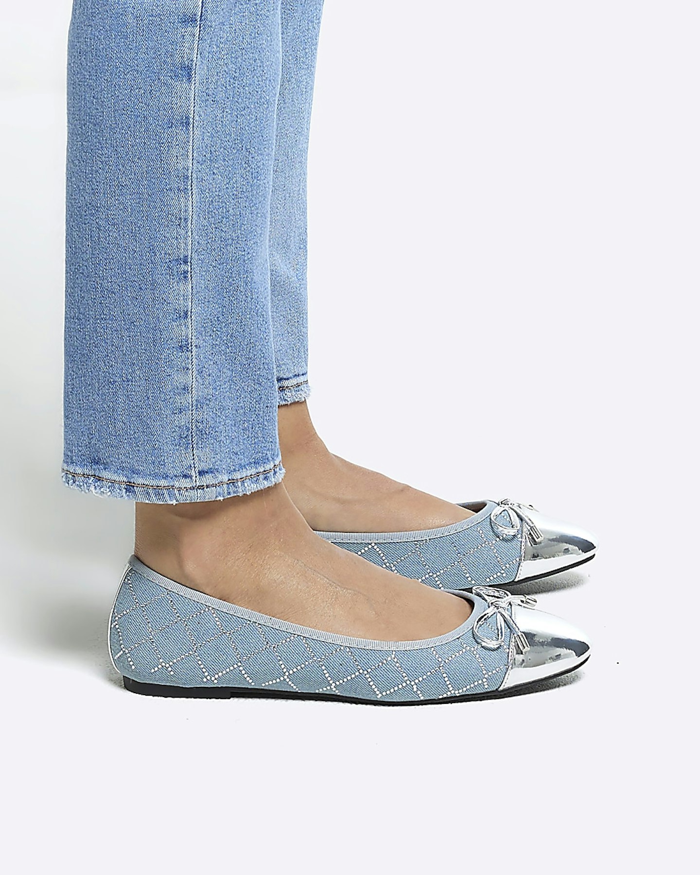 River Island Blue Denim Studded Bow Ballet Pumps