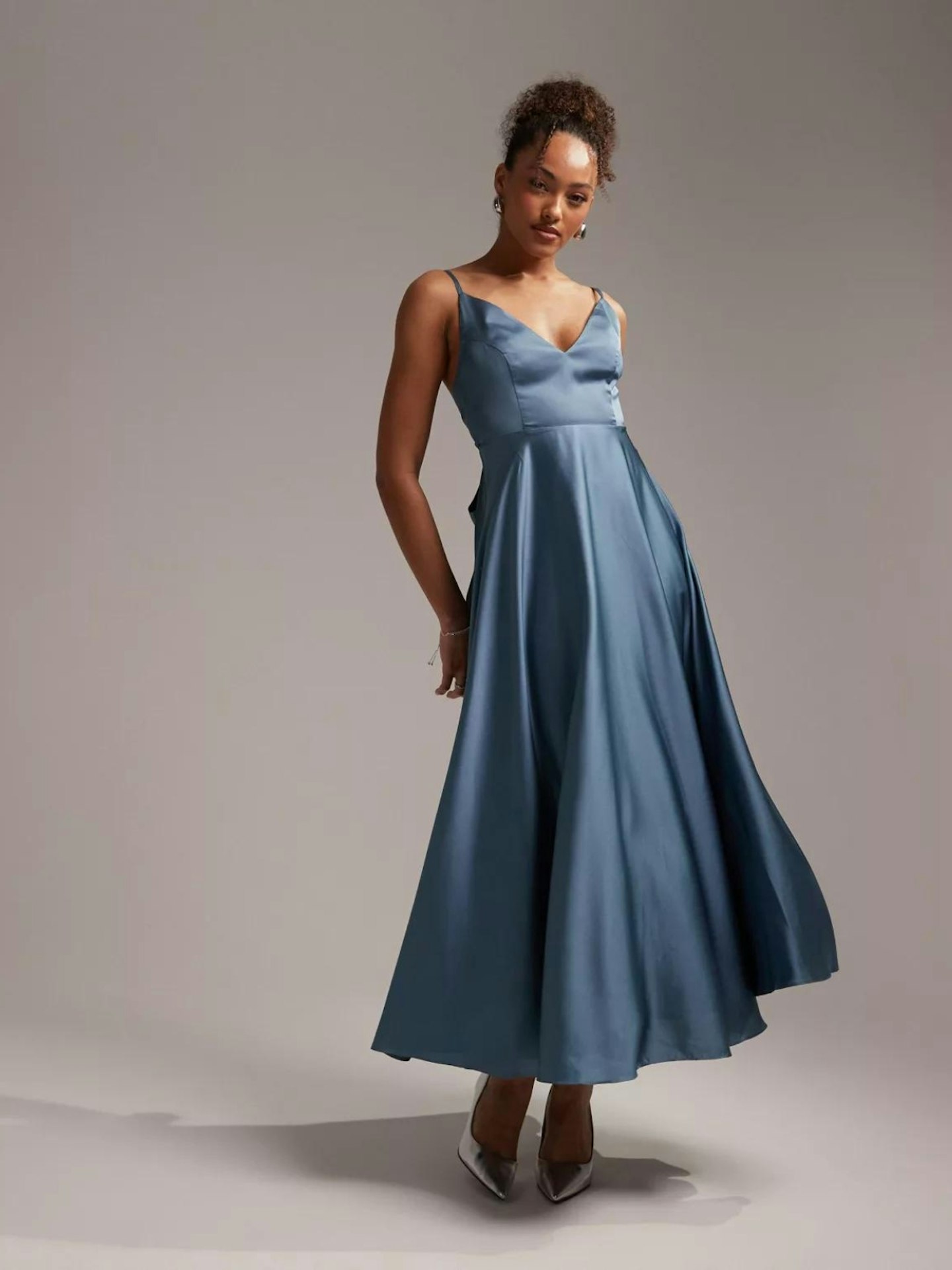 ASOS DESIGN Bridesmaid satin midi dress with tie back in dusky blue