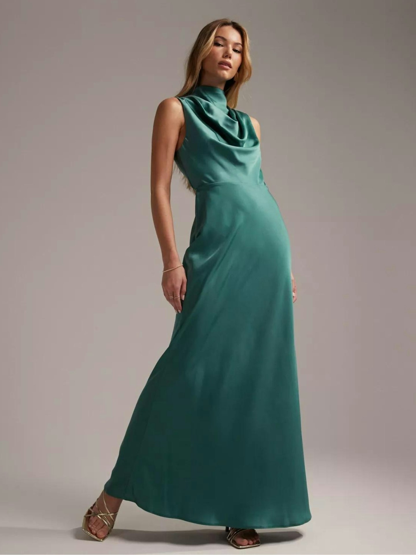 ASOS DESIGN Bridesmaid high neck cowl satin maxi dress with tie detail in teal