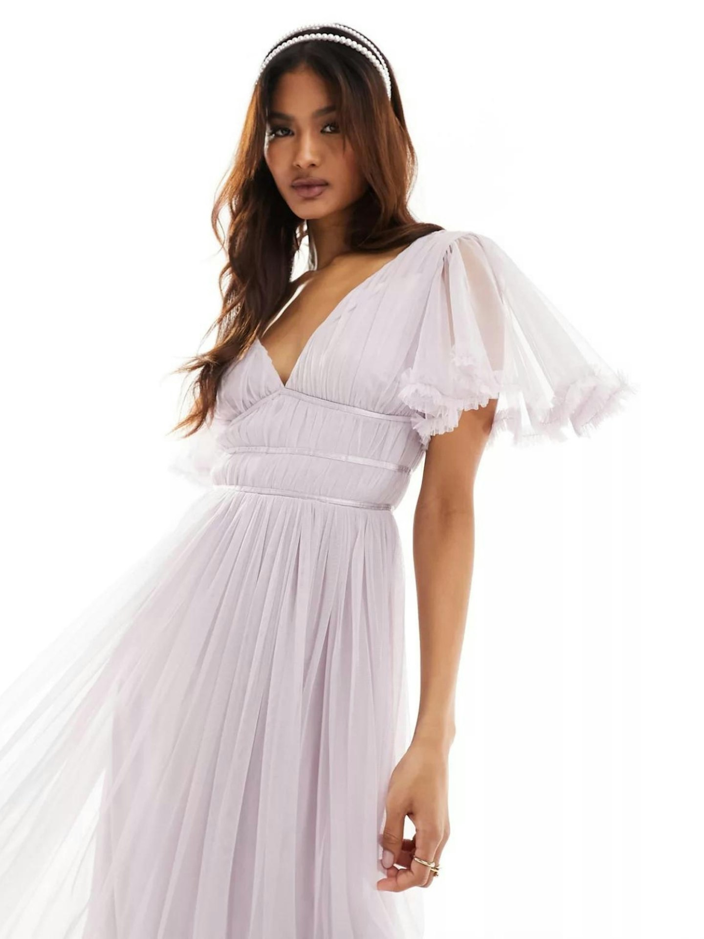 Beauut Bridesmaid tulle maxi dress with flutter sleeve in lilac