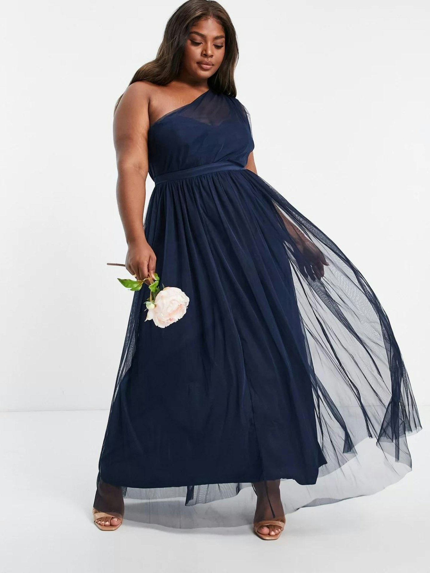 Anaya With Love Plus Bridesmaid tulle one shoulder maxi dress in navy