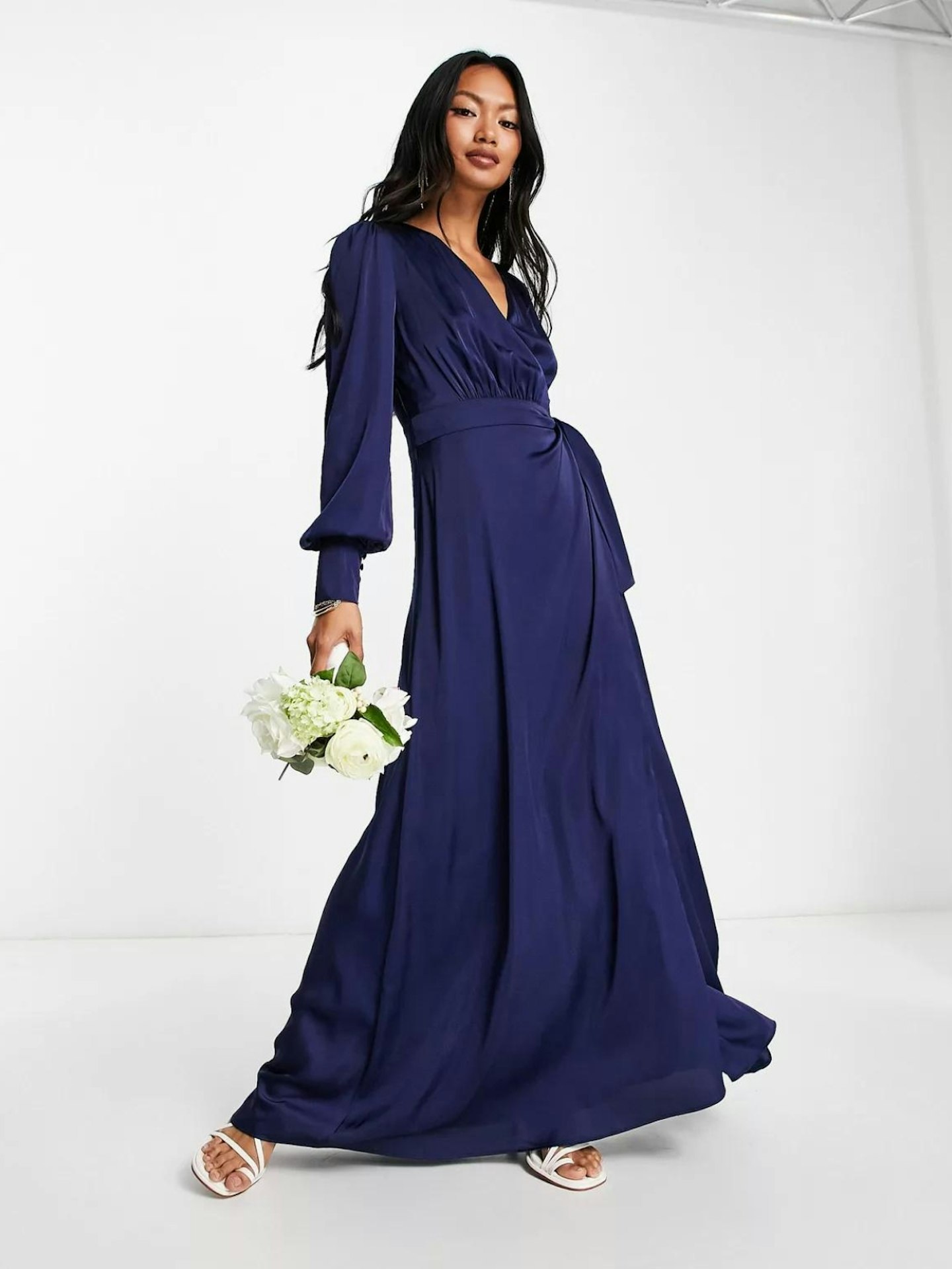 TFNC Bridesmaid long sleeve satin maxi dress in navy blue