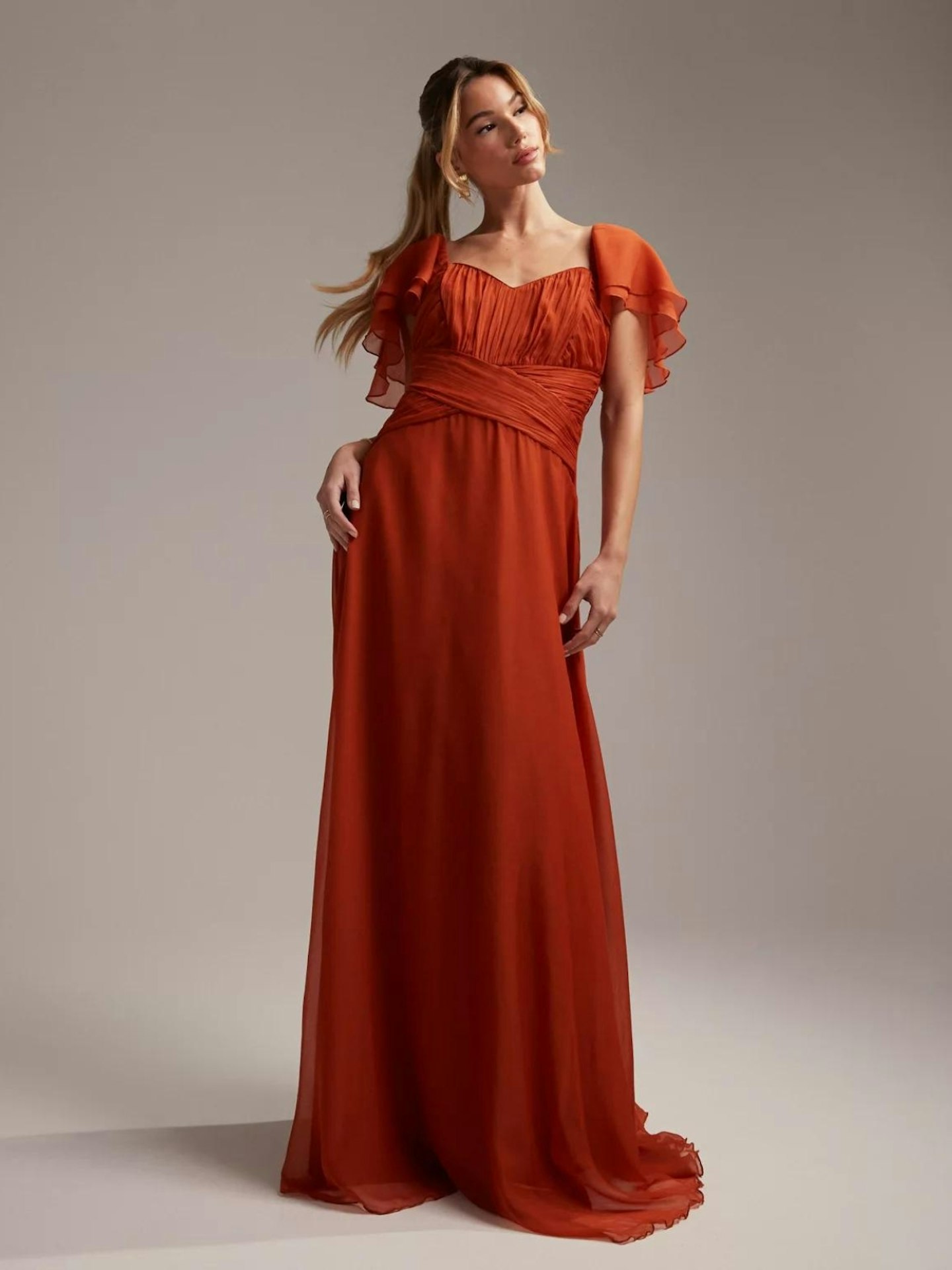 ASOS DESIGN Bridesmaid short sleeve ruched maxi dress in rust