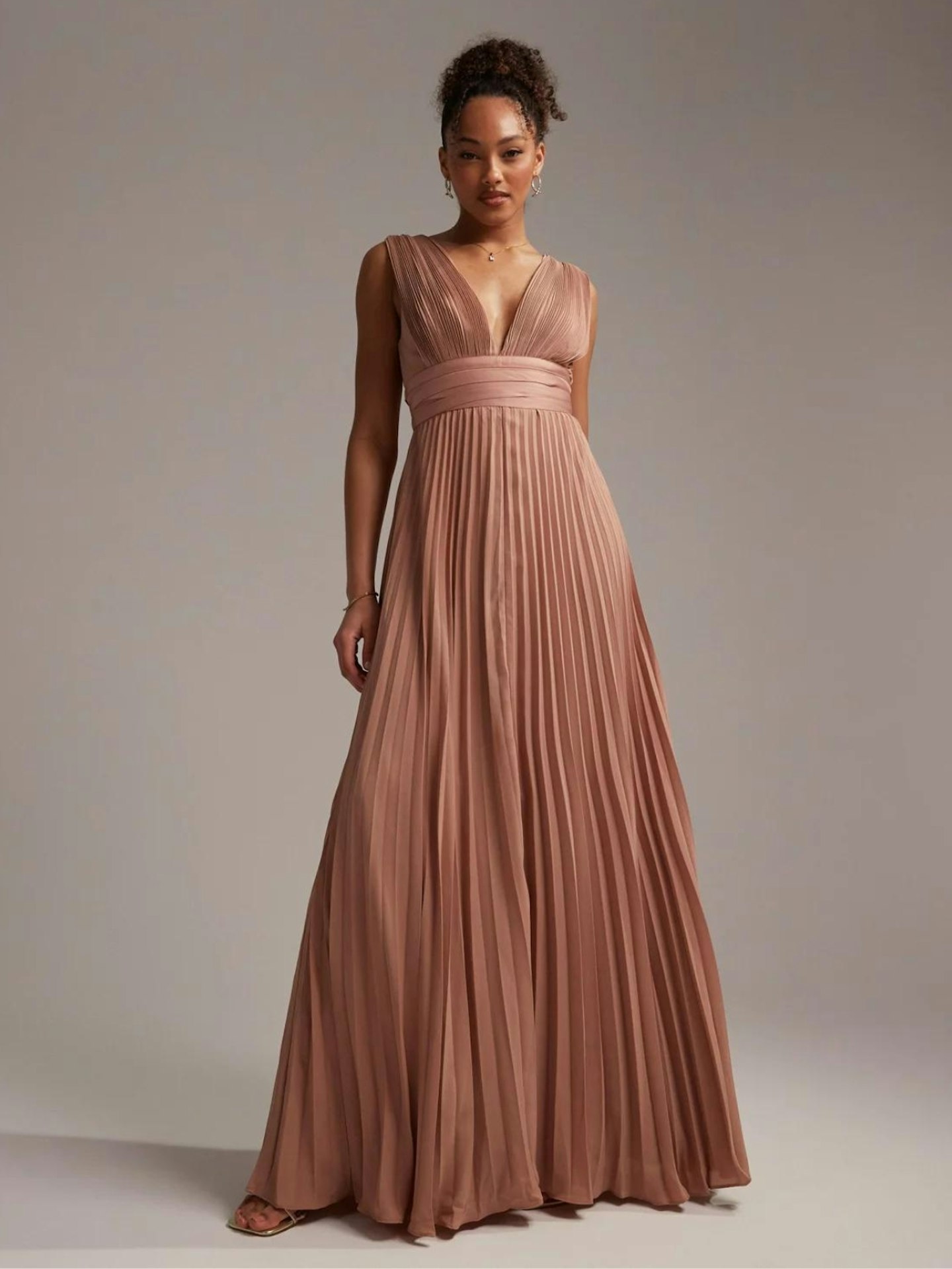 ASOS DESIGN Bridesmaid pleated cami maxi dress with satin wrap waist in mocha