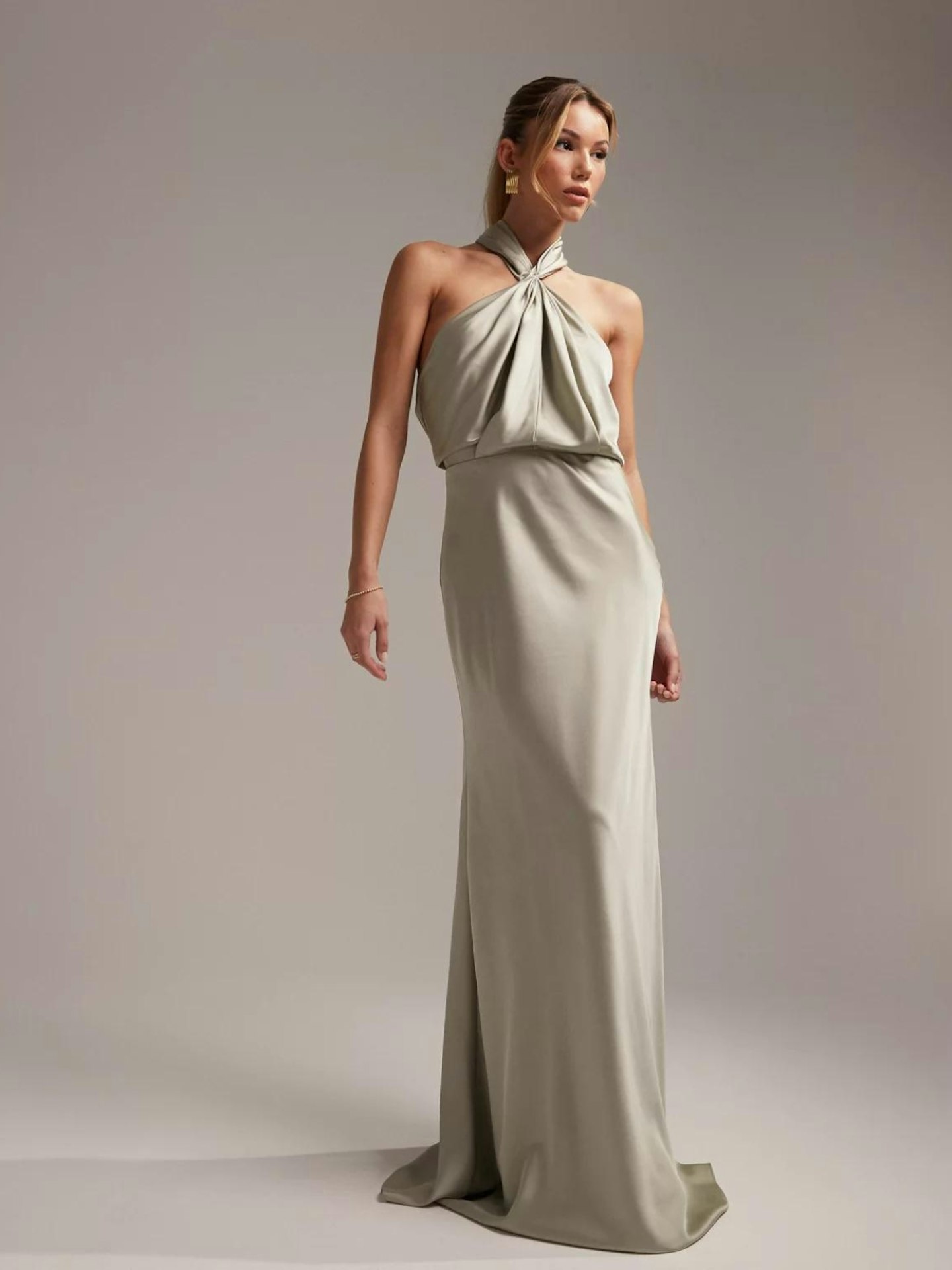 ASOS DESIGN Bridesmaid satin ruched halter neck maxi dress in sage green