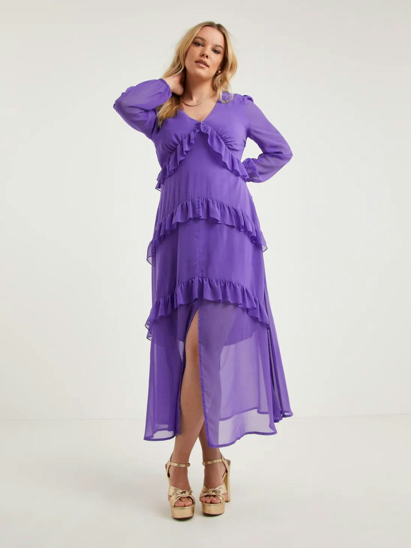 Simply Be Purple Long Sleeve Frill Tiered Maxi Dress