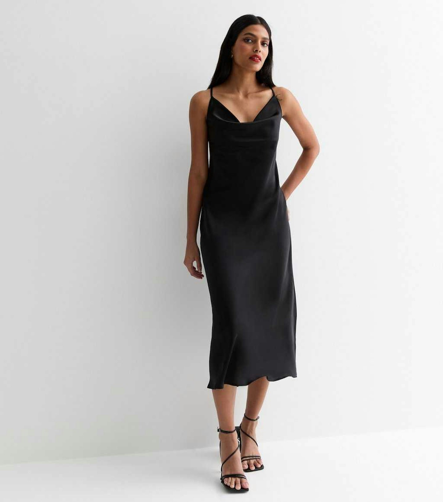 New Look Black Satin Cowl Neck Strappy Midi Dress