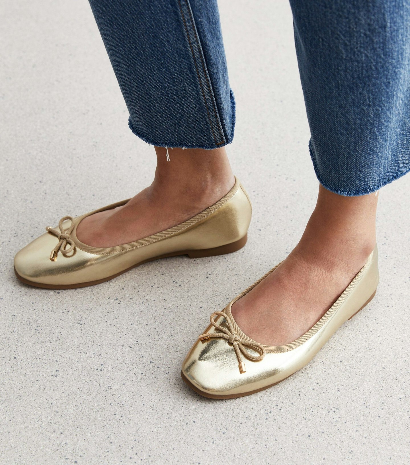 New Look Gold Leather-Look Bow Ballet Pumps