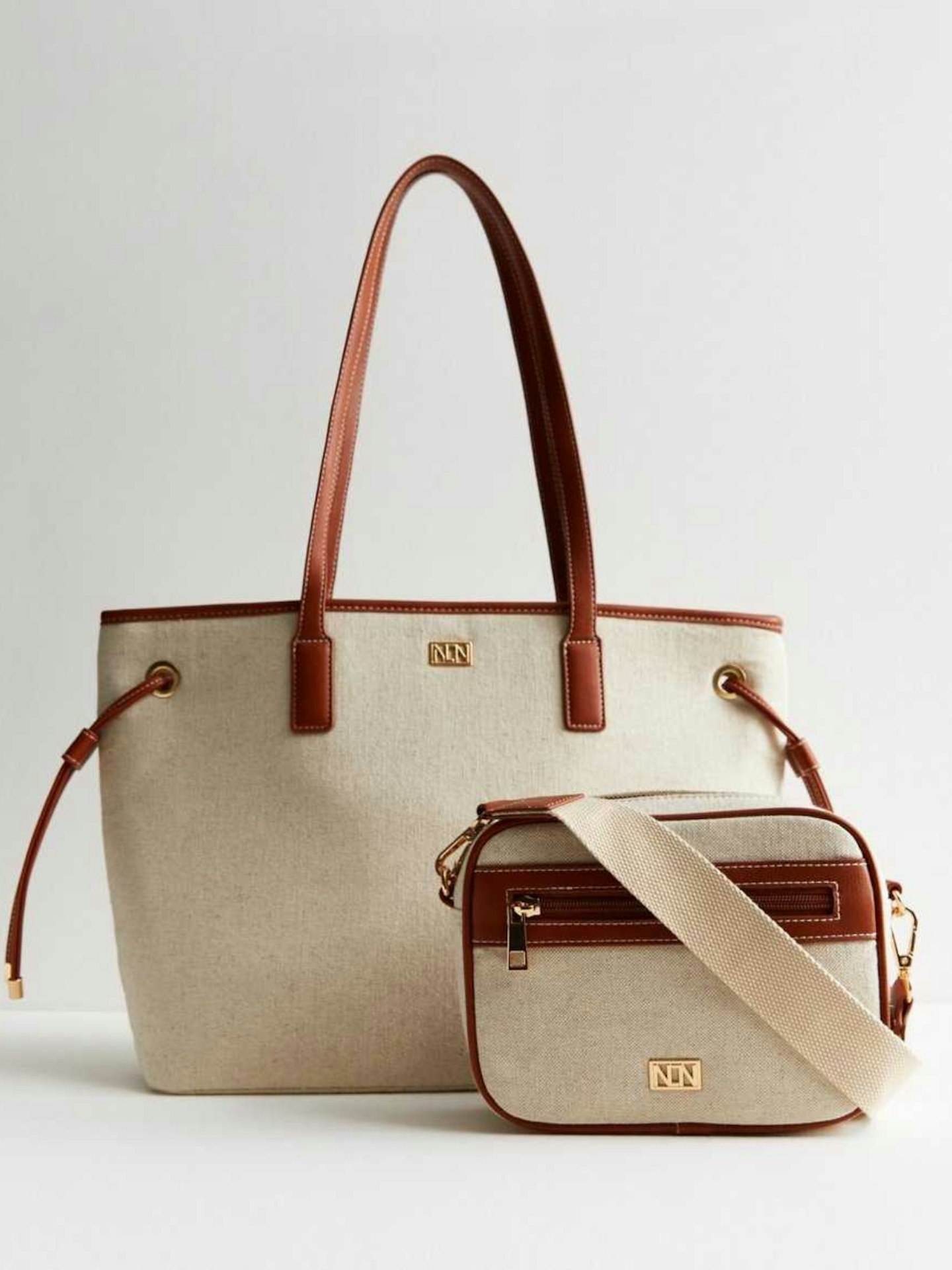 New Look Stone Canvas Tote Bag And Cross-Body Duo