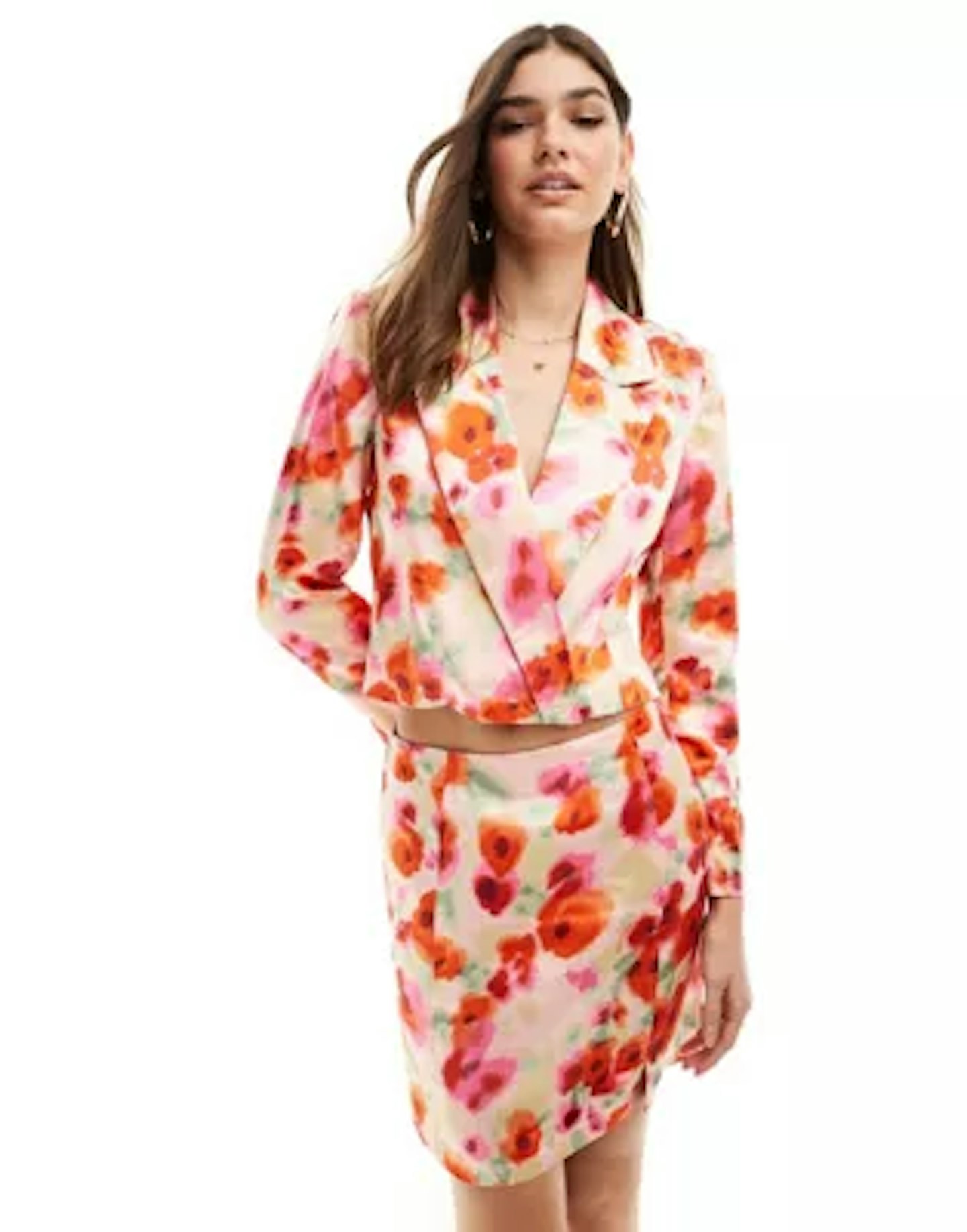 Vila Satin Cropped Blazer Co-Ord In Poppy Red Floral