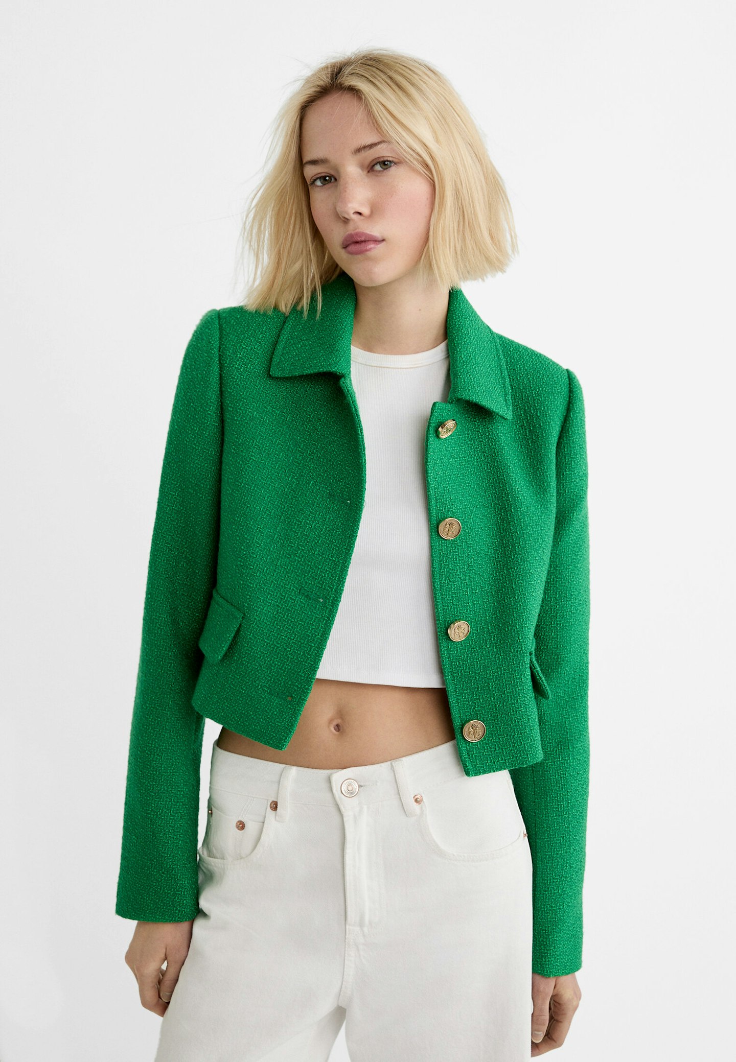 Stradivarius Cropped Texture Blazer With Buttons