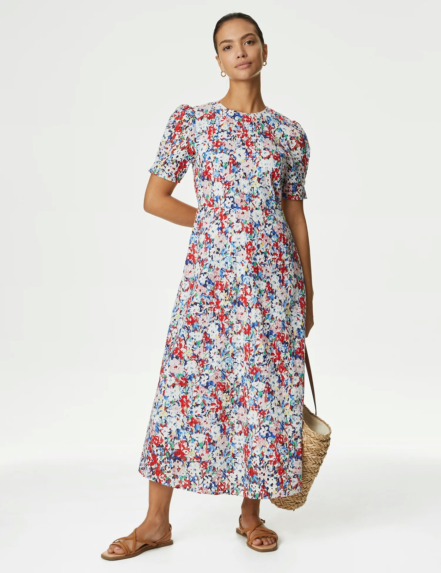 M&S Collection Pure Cotton Floral Cutwork Detail Midi Tea Dress