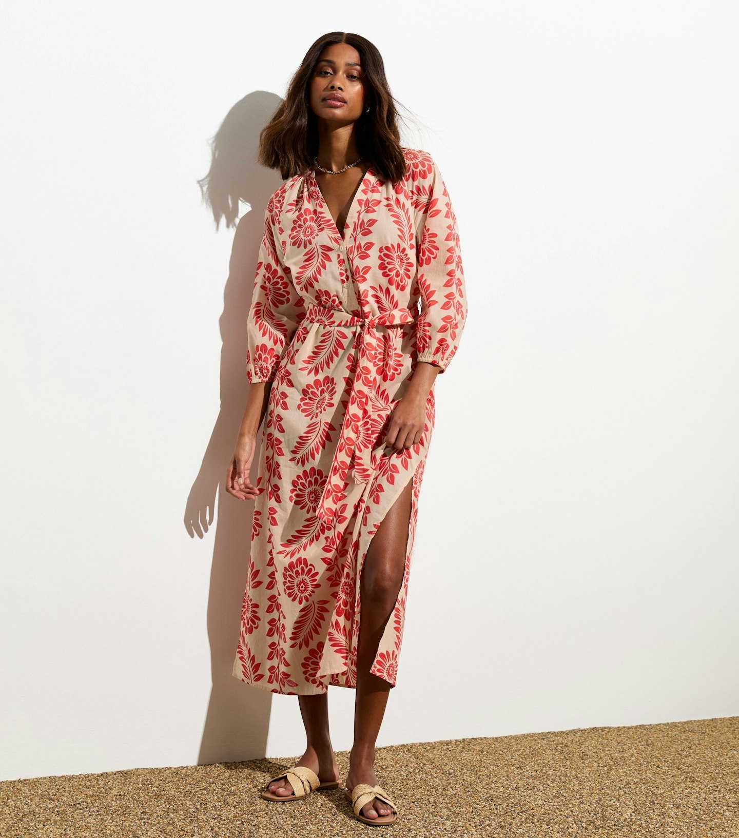 New Look Red Floral Cotton Grandad Collar Belted Midi Dress