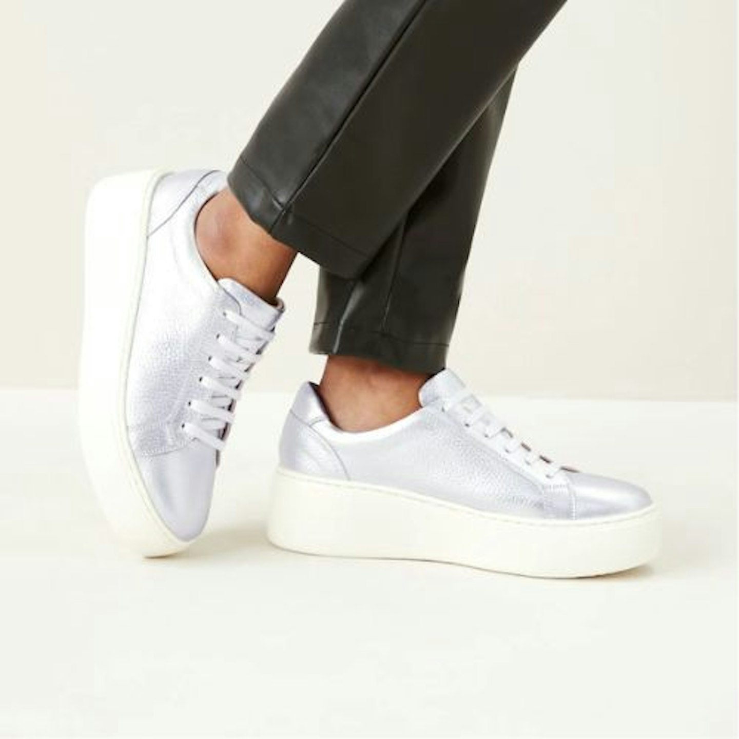 Silver Lace Up Signature Forever Comfort Leather Chunky Wedge Platform Trainers