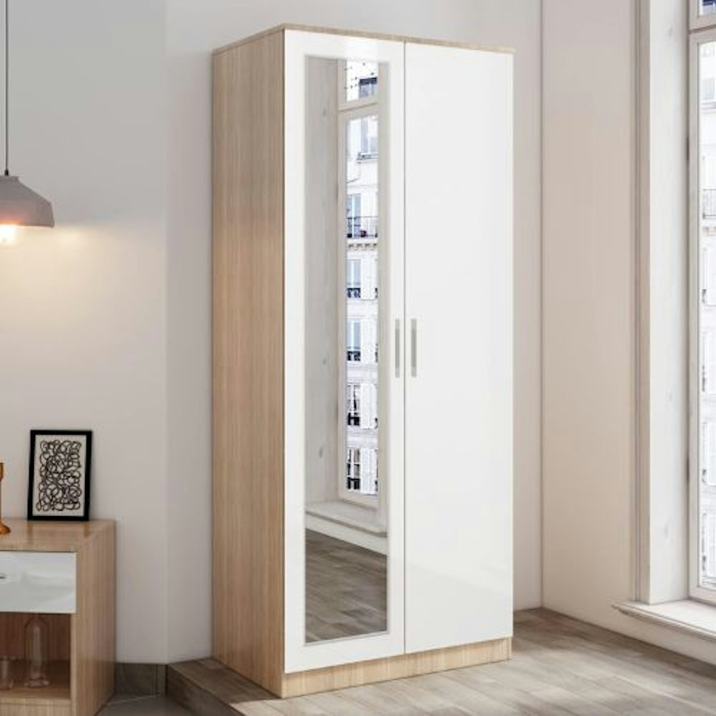 Two-Door Wardrobe with Rail and Mirror