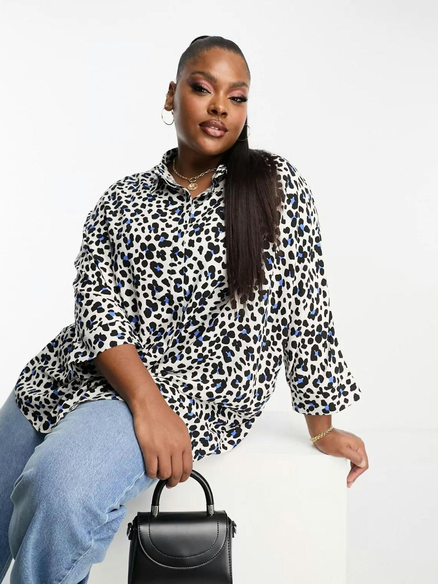 ASOS Curve Oversized Long Sleeve Shirt In Blue Leopard Print