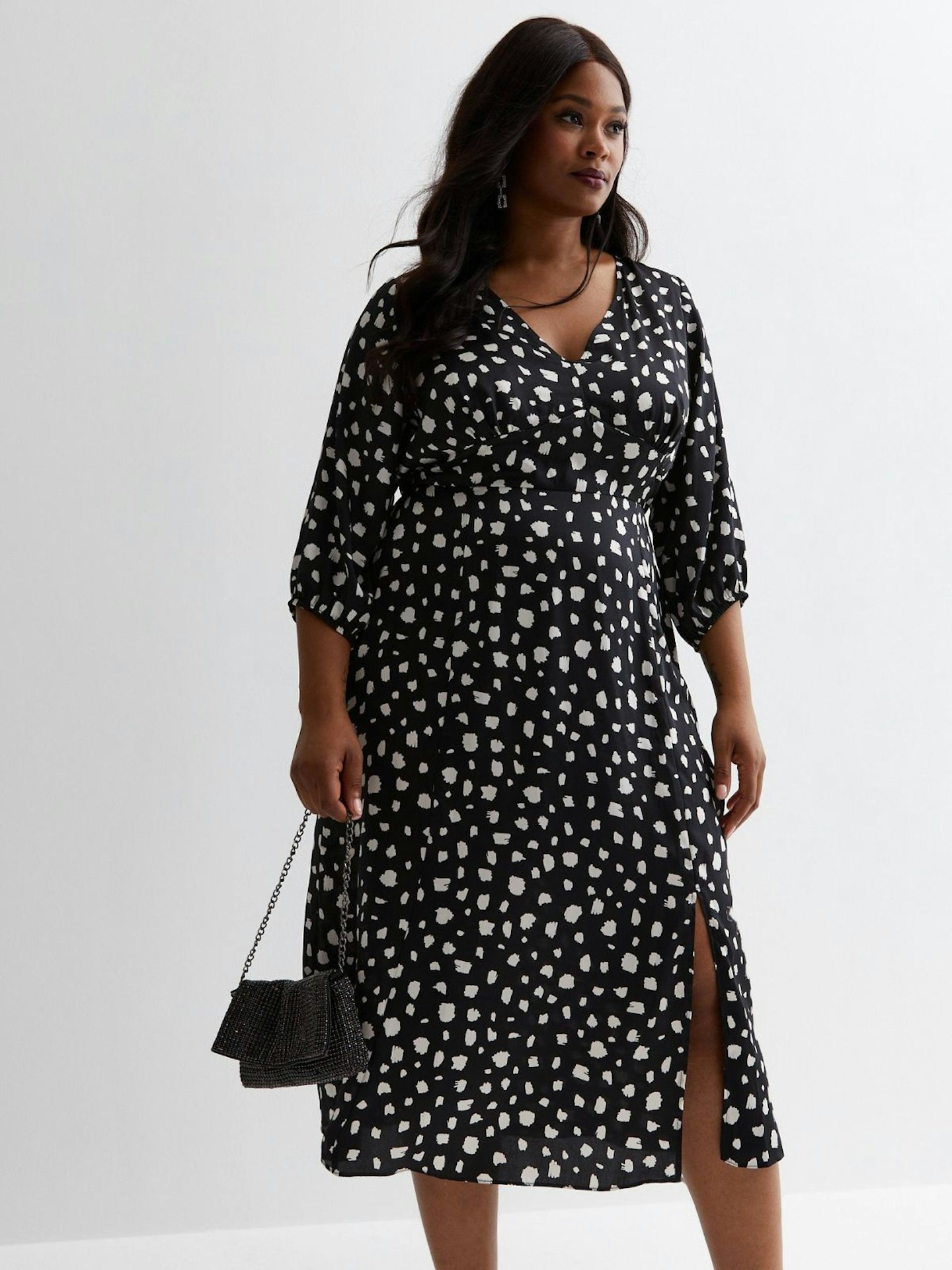 New Look Curves Black Satin Spot Print Midi Dress
