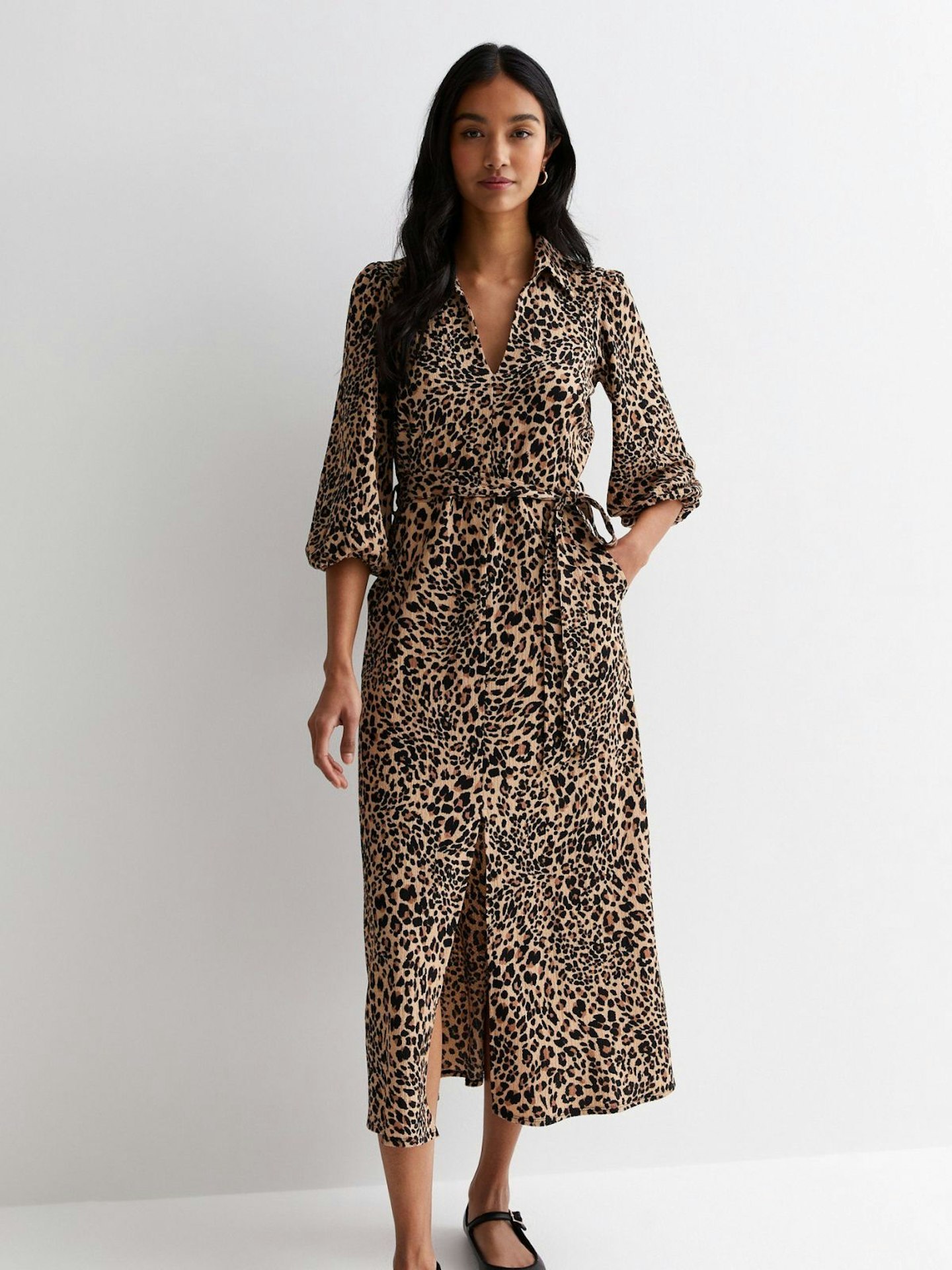 New Look Brown Leopard Print Crinkle Midaxi Dress