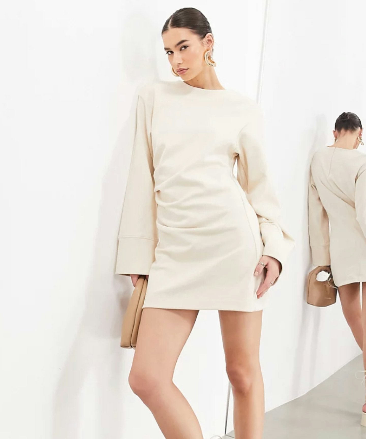 ASOS EDITION Premium Jersey Long Sleeve Mini Dress in Ecru