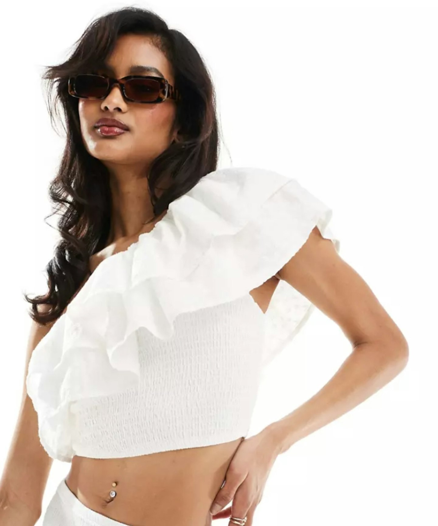Abercrombie & Fitch Co-ord One Shoulder Ruffle Top in White