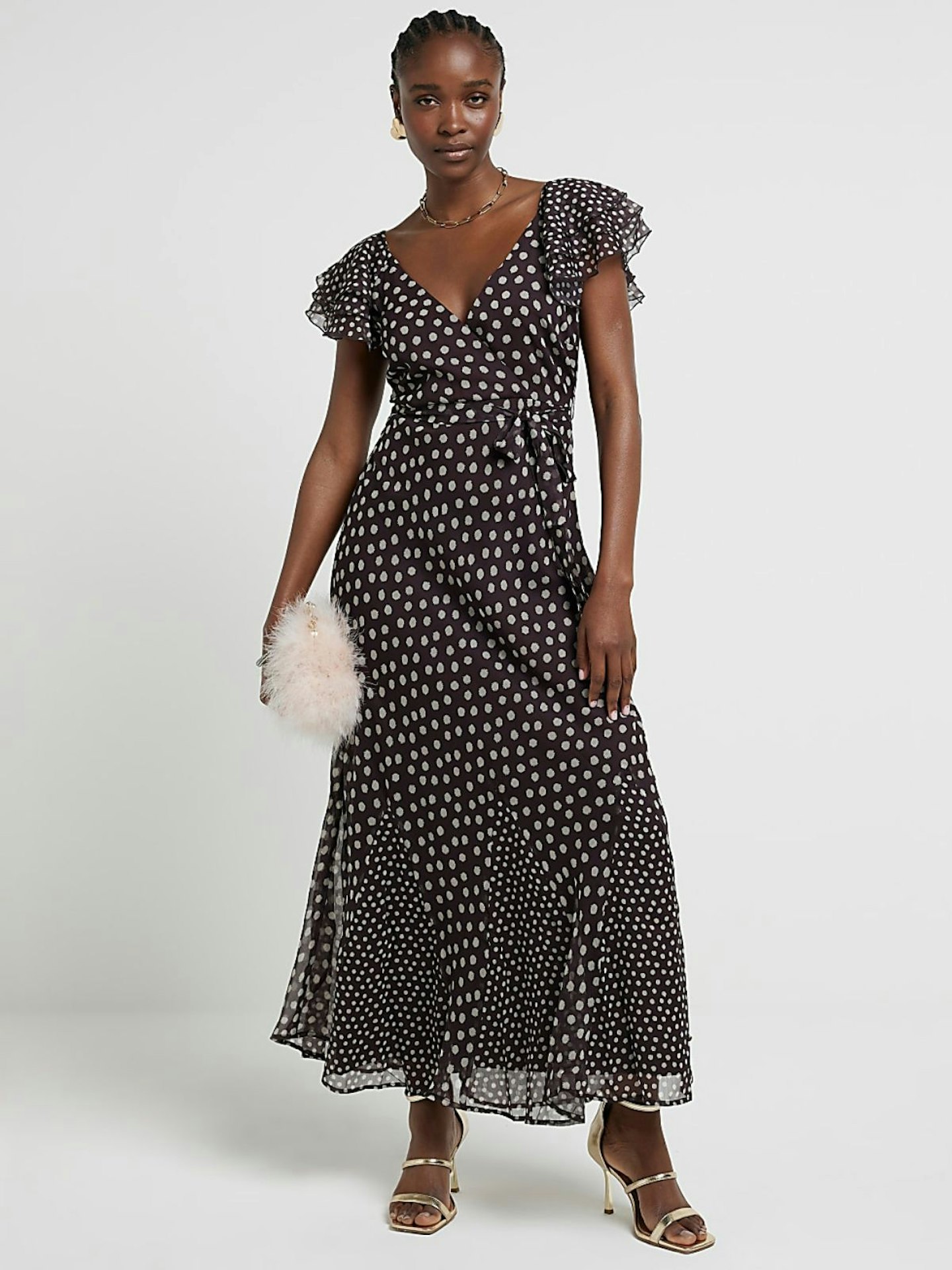 River Island Brown Chiffon Spot Belted Swing Maxi Dress