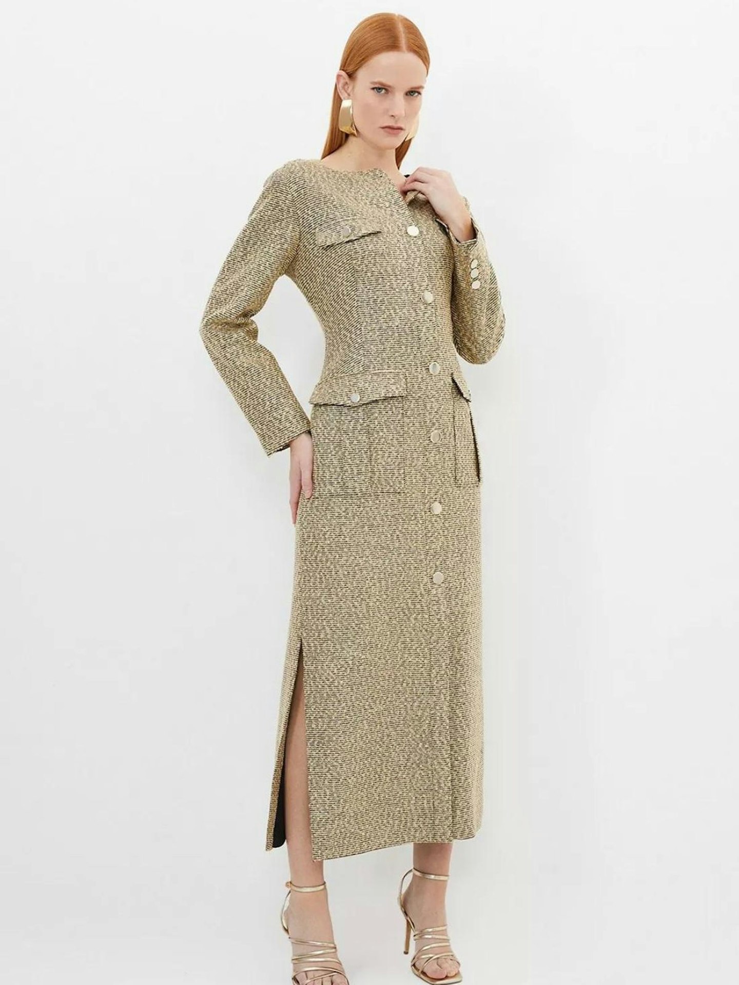 Karen Millen Tailored Boucle Pocket Detail Long Sleeve Midi Dress