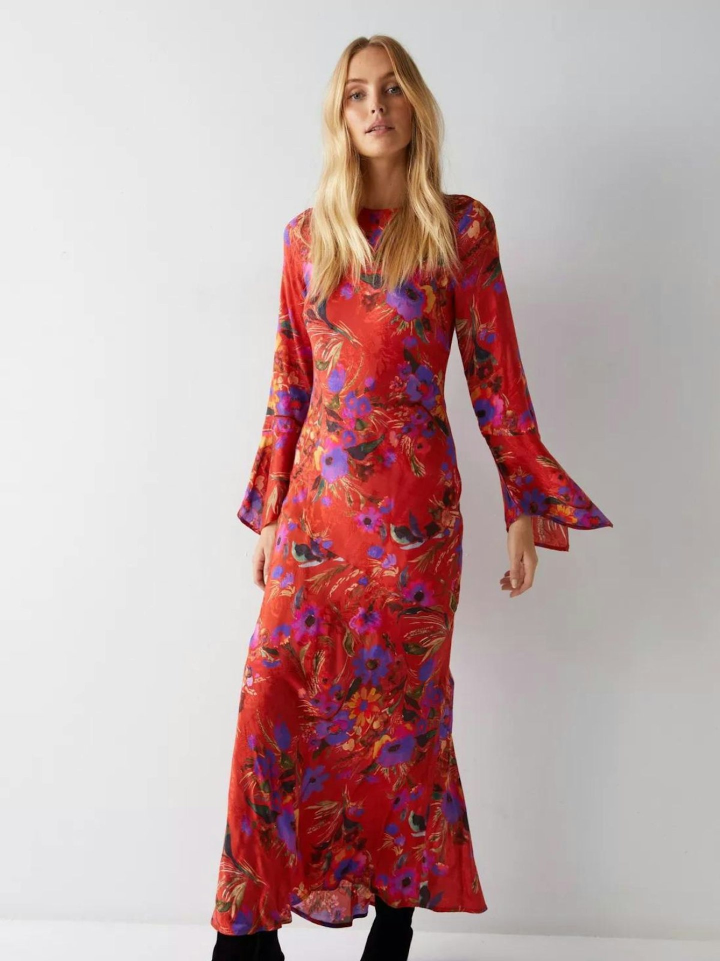 Warehouse Floral Printed Fluted Sleeve Maxi Dress