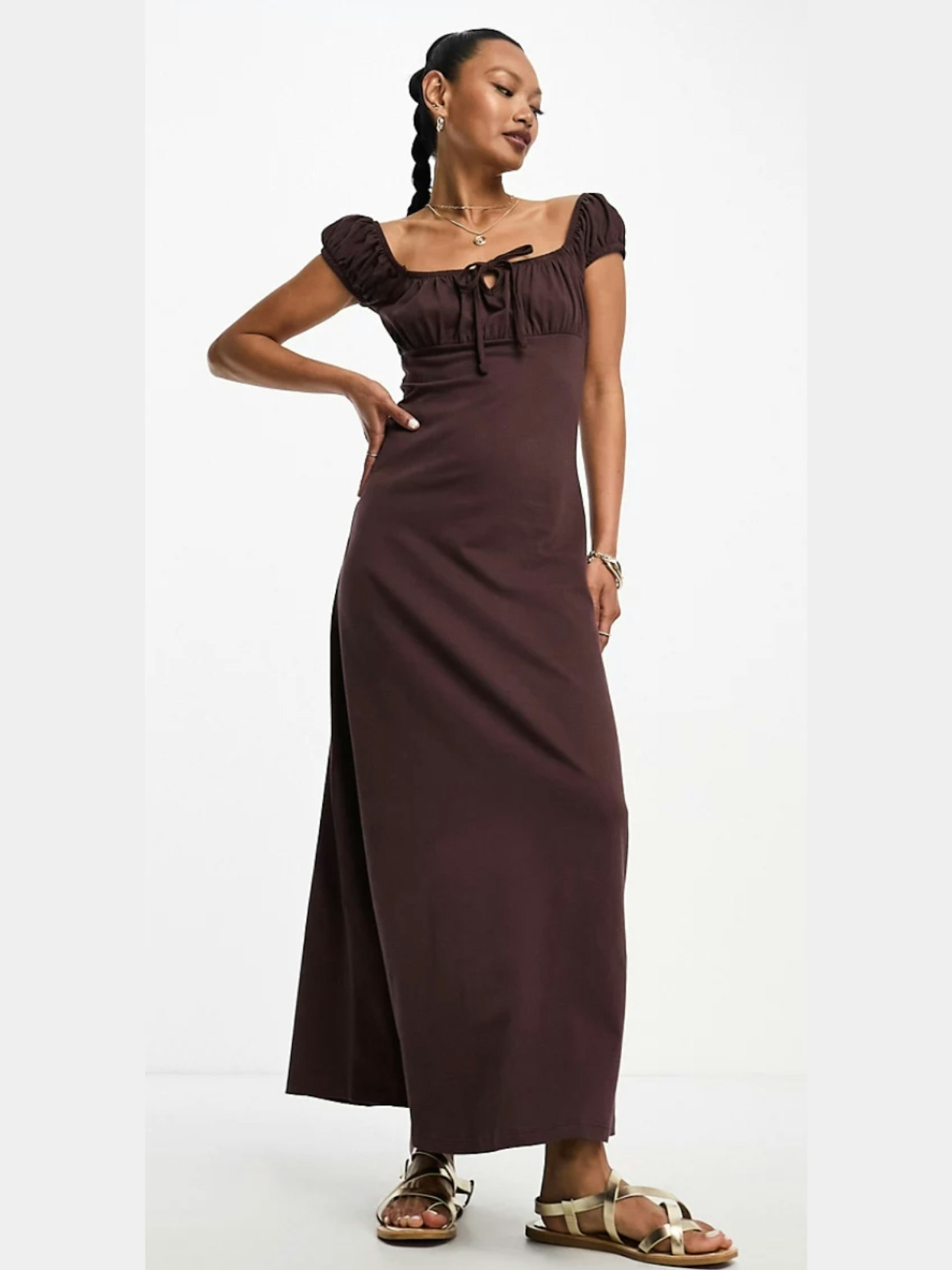 ASOS DESIGN Cap Sleeve Ruched Midi Dress With Tie Detail in Chocolate