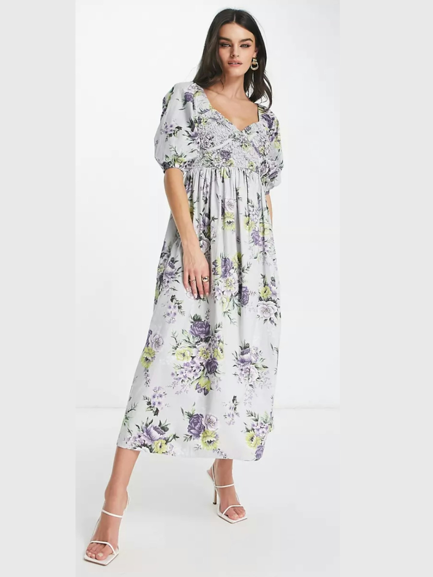 ASOS DESIGN Cotton Shirred Corset Midi Dress in Floral Print