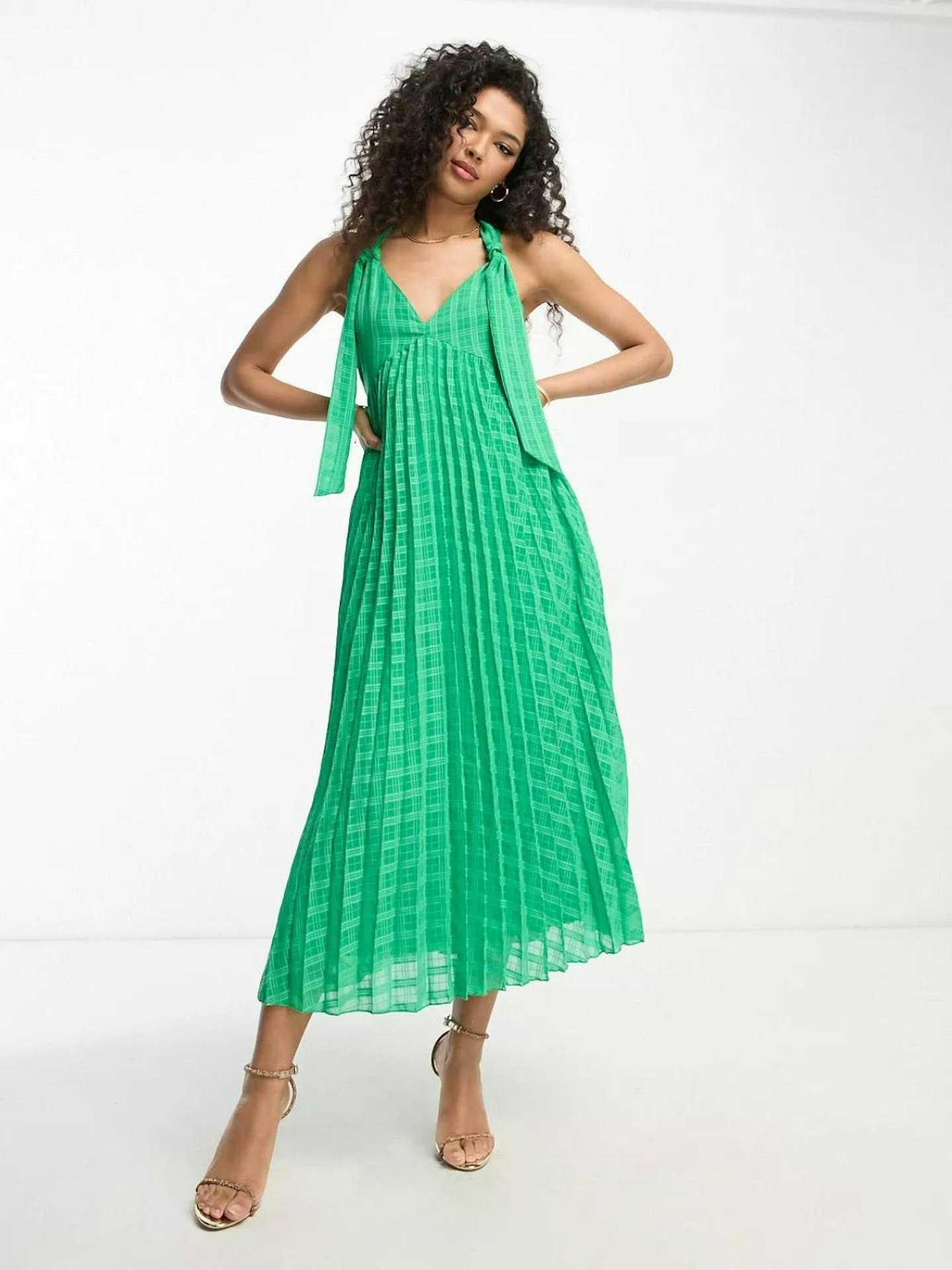 ASOS Jacquard Check Plunge Neck Pleat Midi Dress With Tie Straps In Emerald Green