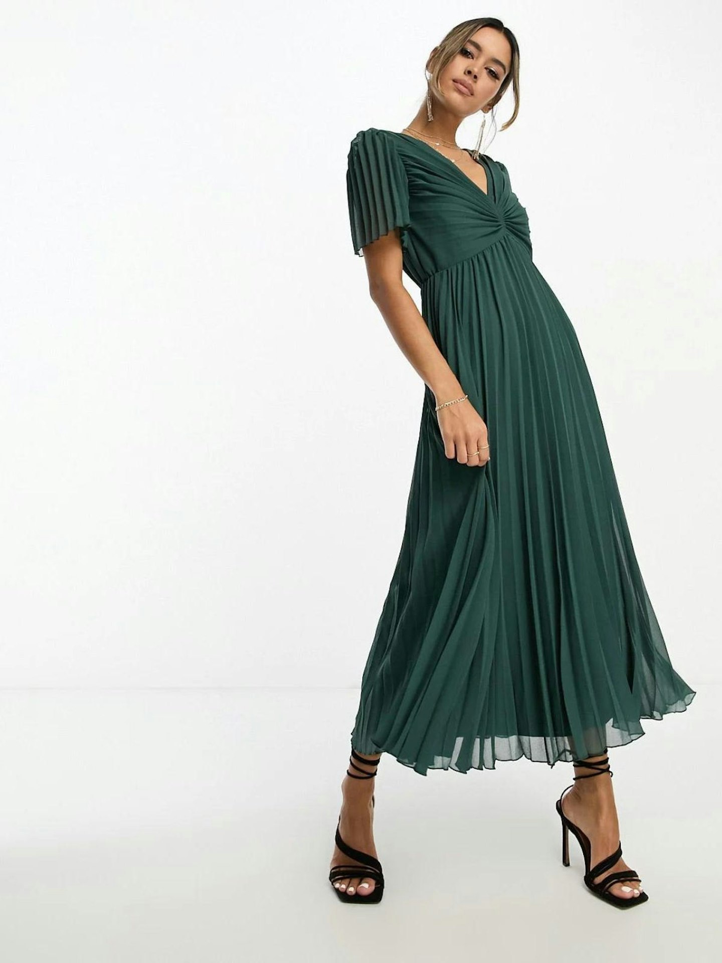 ASOS Pleated Bodice Flutter Sleeve Midi Dress In Pine Green