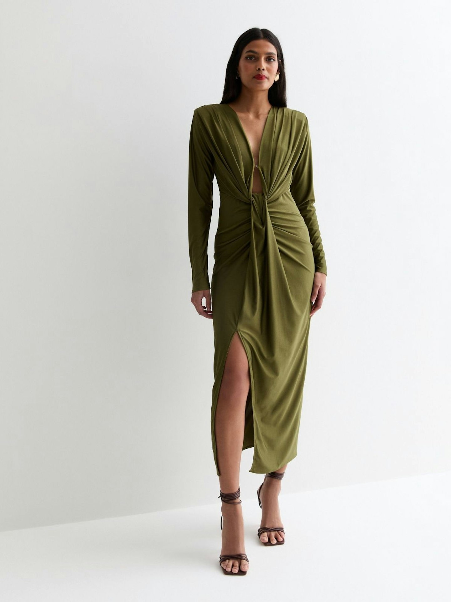 New Look Olive Plunge Long Sleeve Bodycon Midi Dress