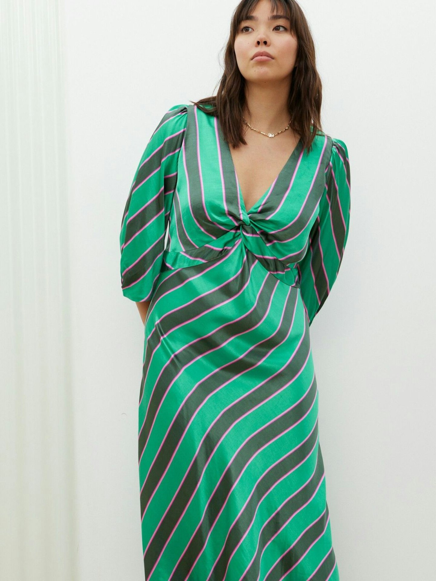 Oliver Bonas Diagonal Stripe Green Twist Midi Dress