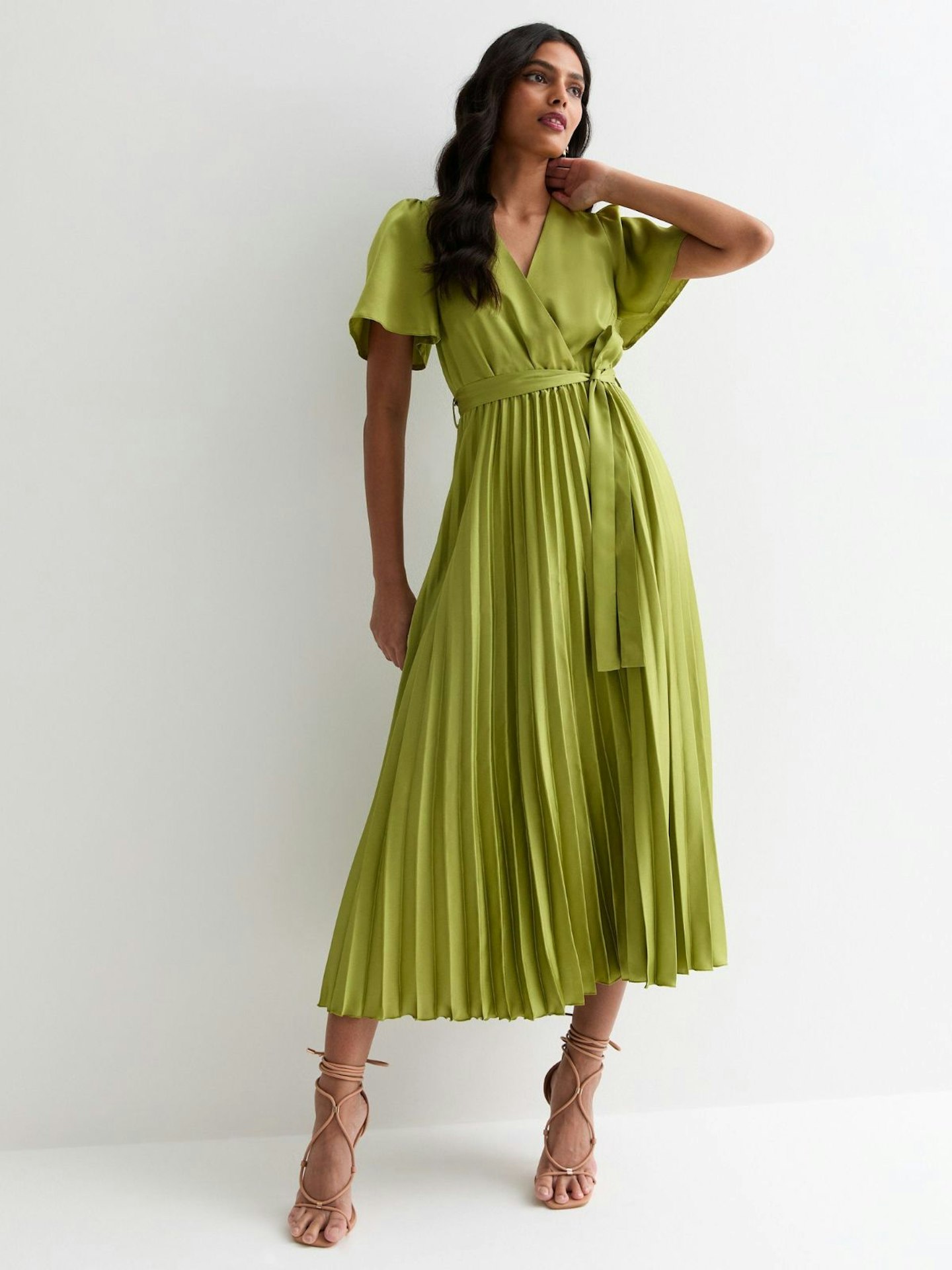 New Look Green Satin Wrap Front Pleated Midi Dress