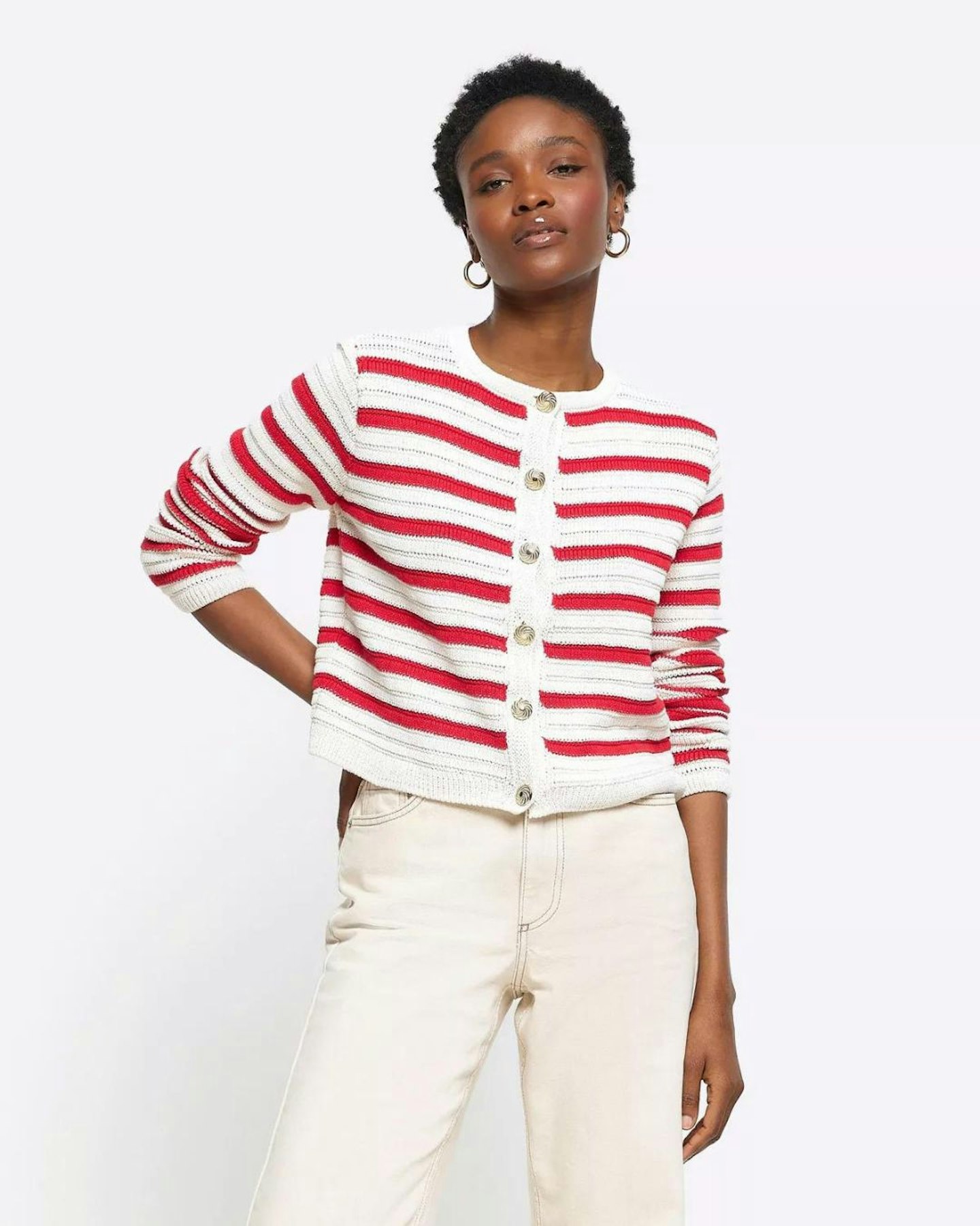 ASOS River Island Stripe Textured Knit Cardigan In Red