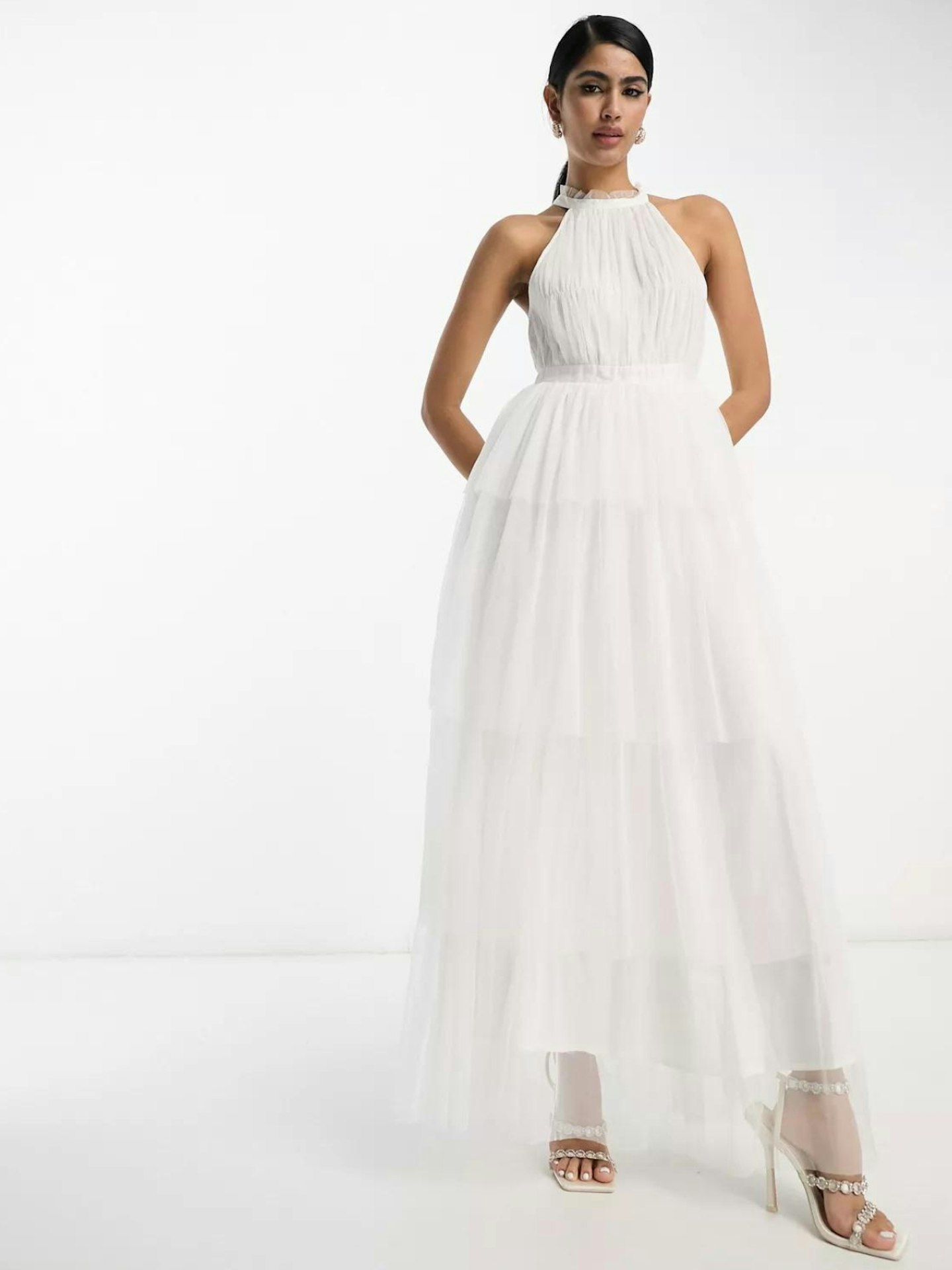 Vila Bridal Halterneck Tulle Midi Dress with Tiered Skirt in White